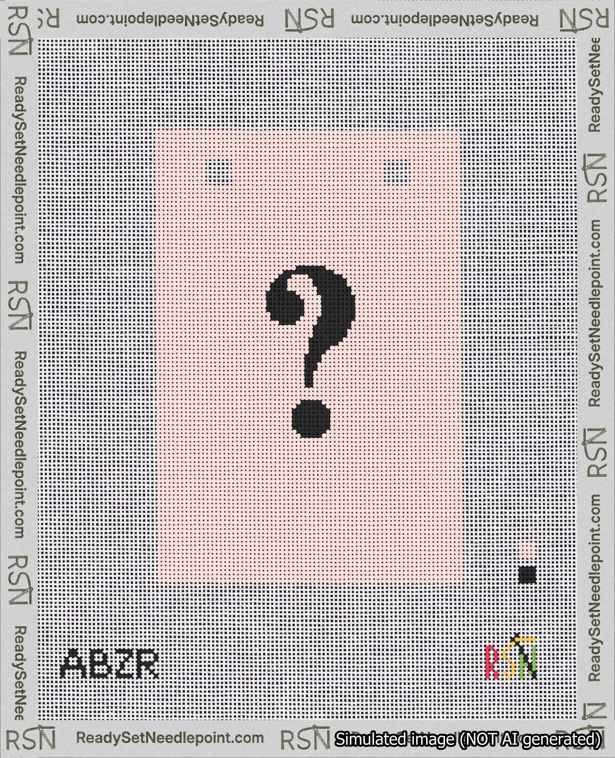 A taped needlepoint canvas with the design: Banner 18 mesh count Squared Question Black on Pink.