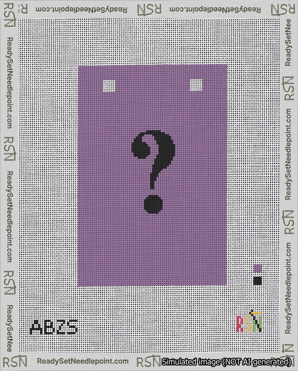 A taped needlepoint canvas with the design: Banner 18 mesh count Squared Question Black on Purple.