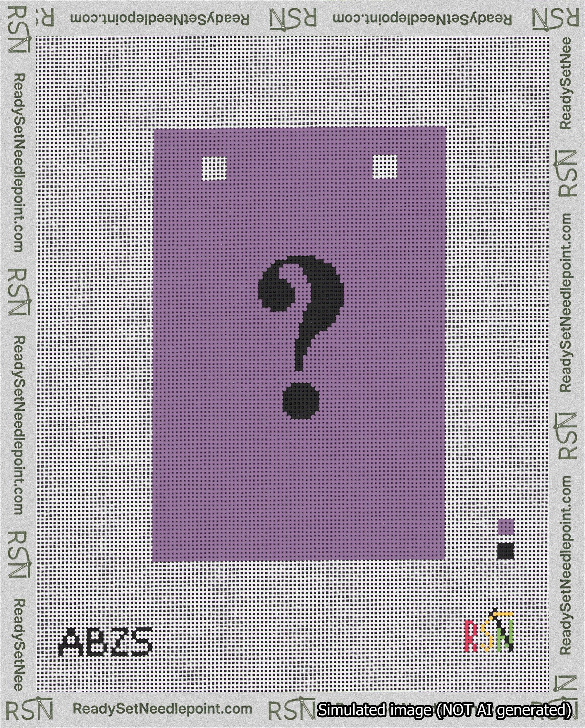 A taped needlepoint canvas with the design: Banner 18 mesh count Squared Question Black on Purple.