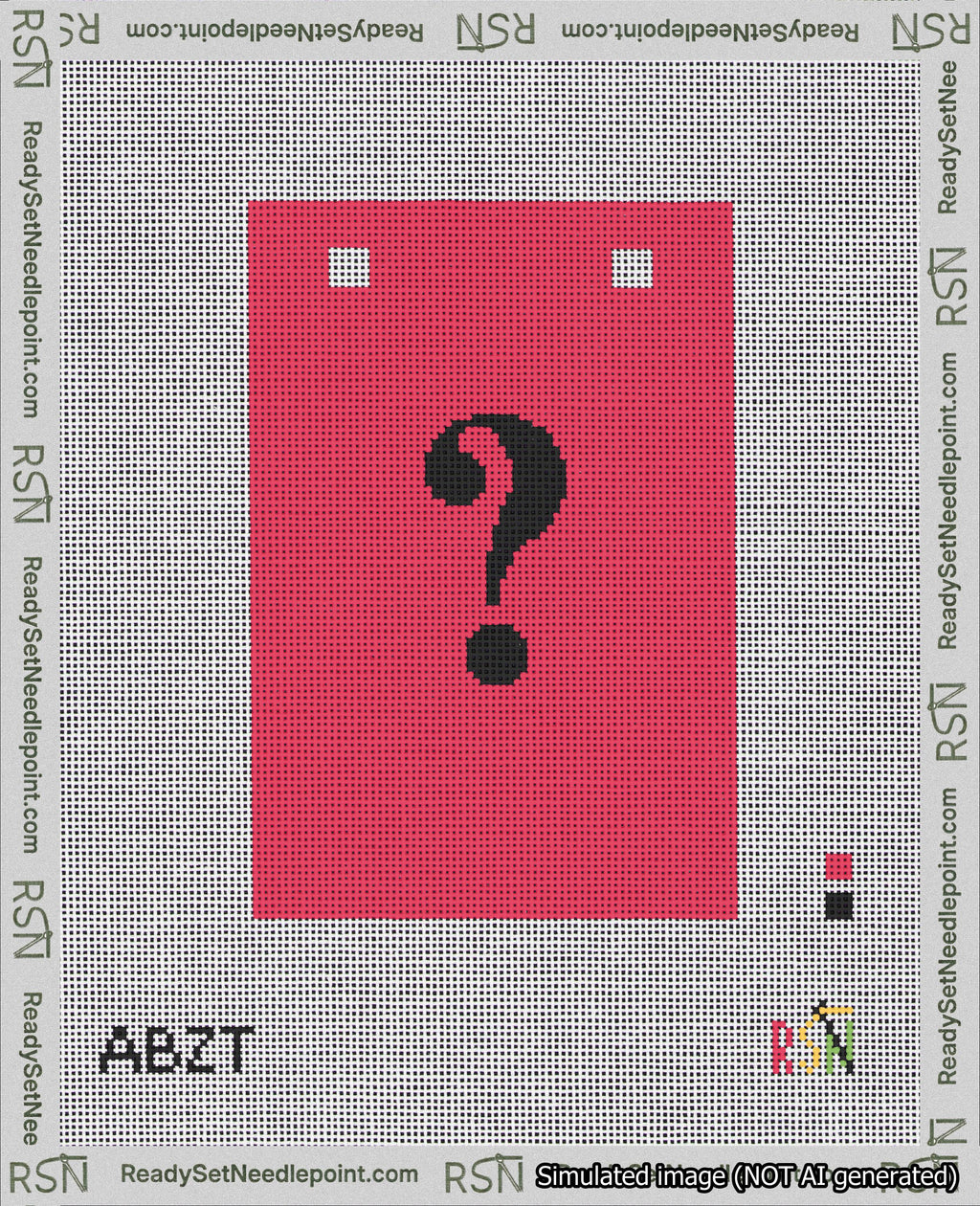 A taped needlepoint canvas with the design: Banner 18 mesh count Squared Question Black on Red.