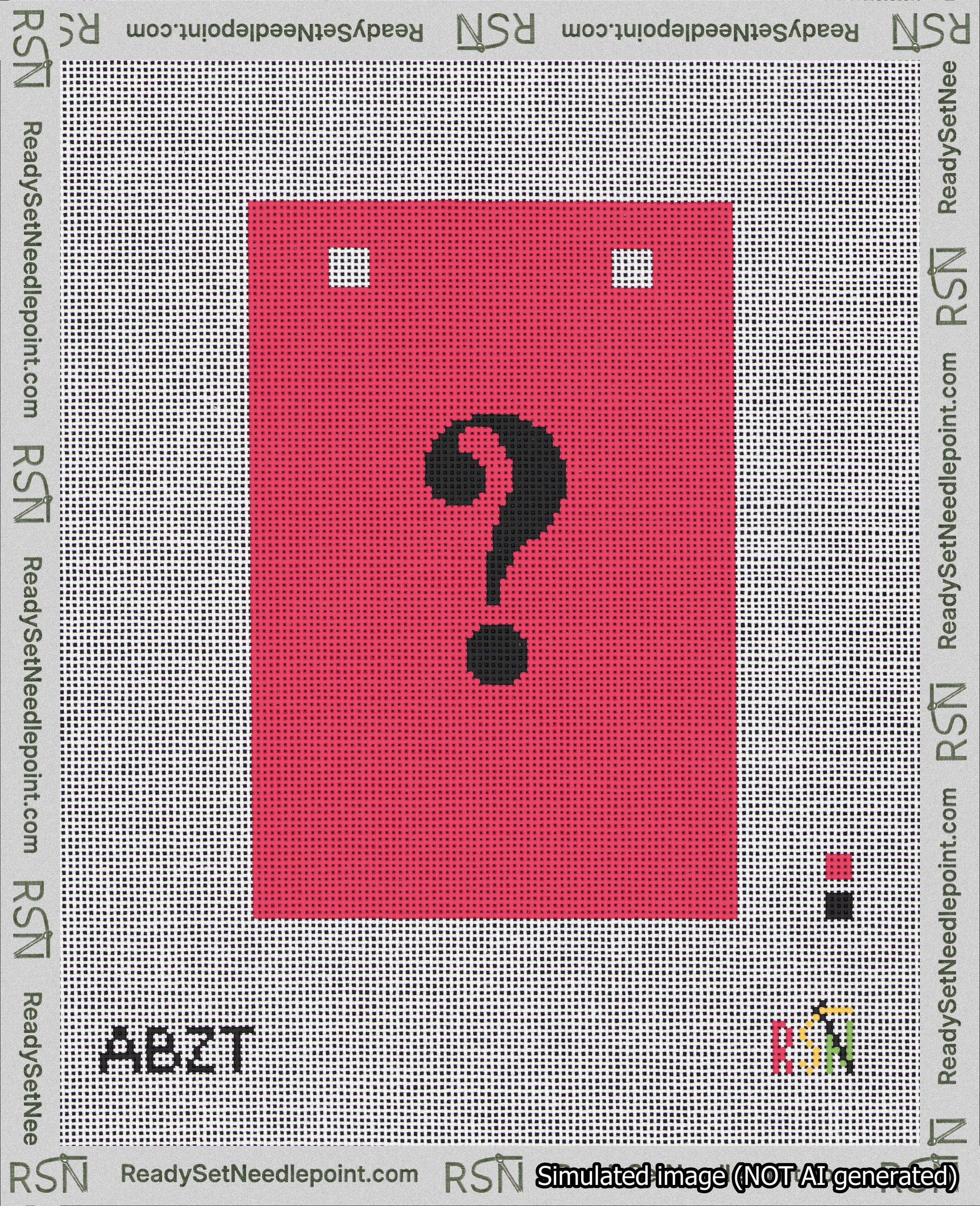 A taped needlepoint canvas with the design: Banner 18 mesh count Squared Question Black on Red.