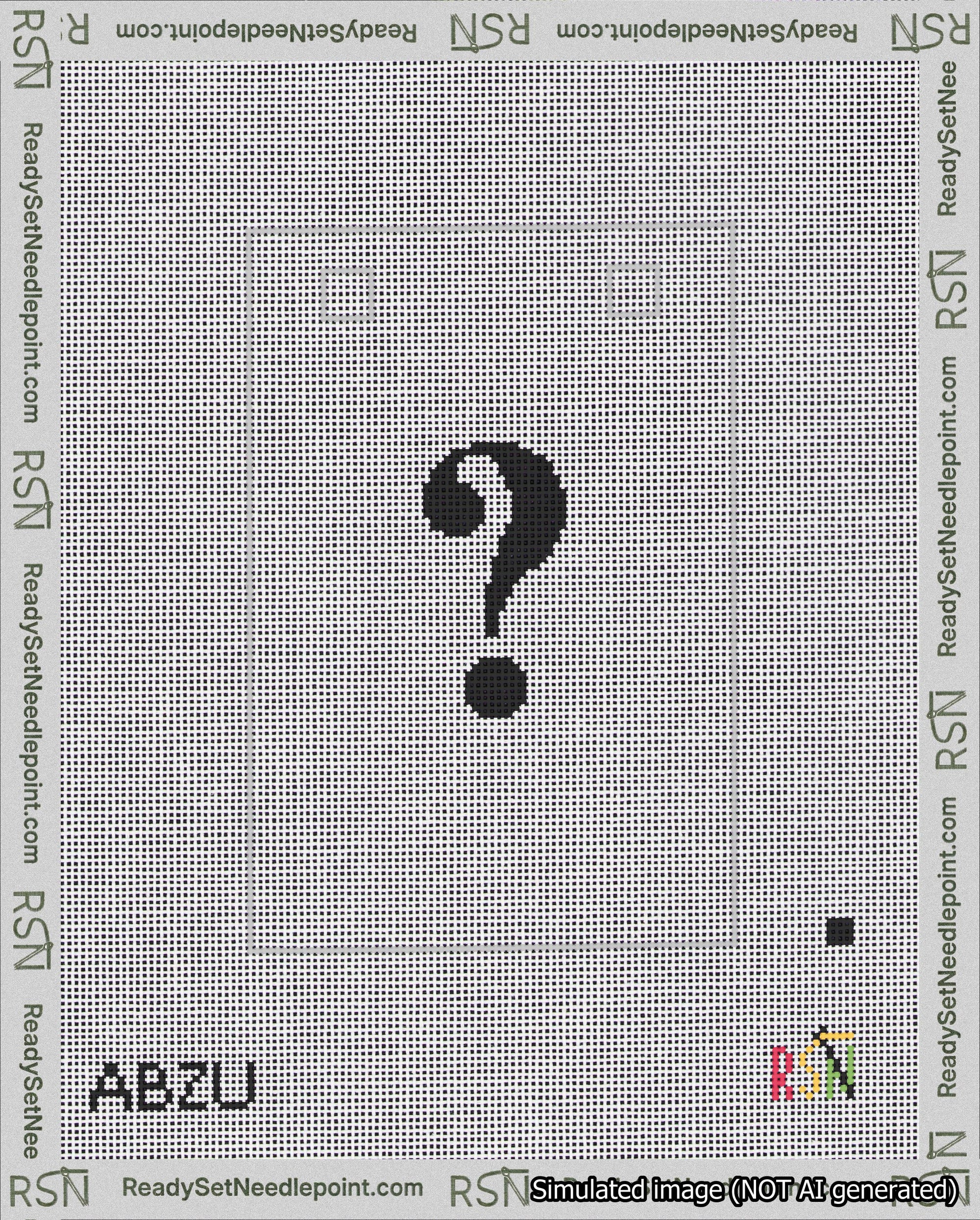 A taped needlepoint canvas with the design: Banner 18 mesh count Squared Question Black on White.