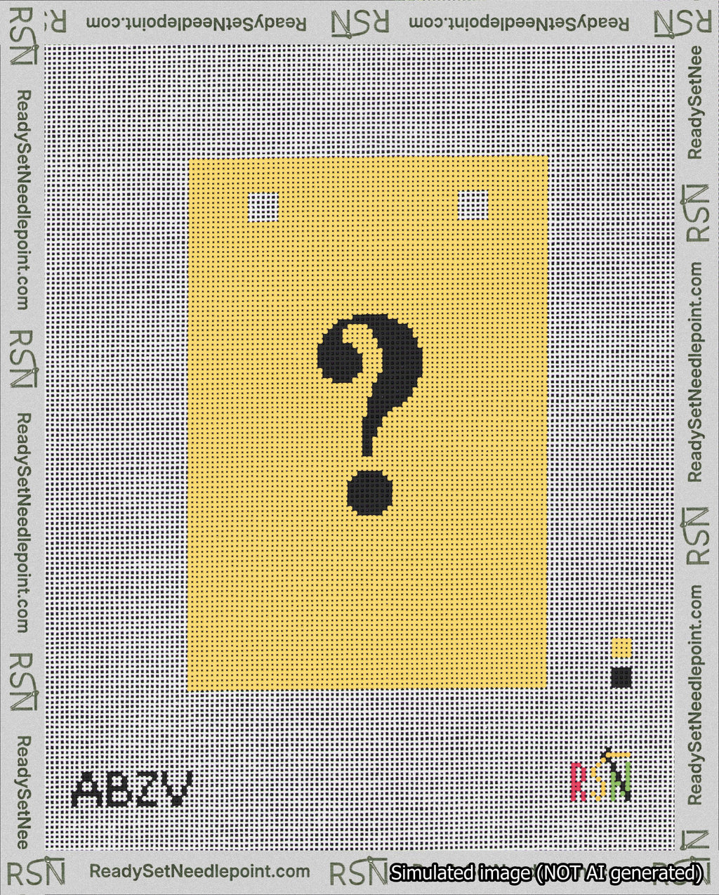 A taped needlepoint canvas with the design: Banner 18 mesh count Squared Question Black on Yellow.