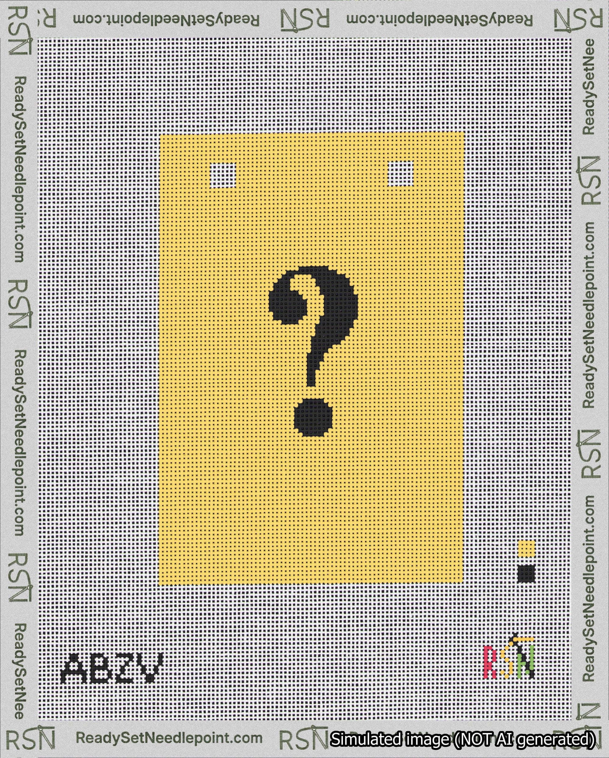 A taped needlepoint canvas with the design: Banner 18 mesh count Squared Question Black on Yellow.