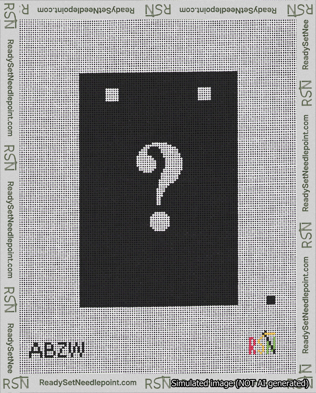 A taped needlepoint canvas with the design: Banner 18 mesh count Squared Question White on Black.