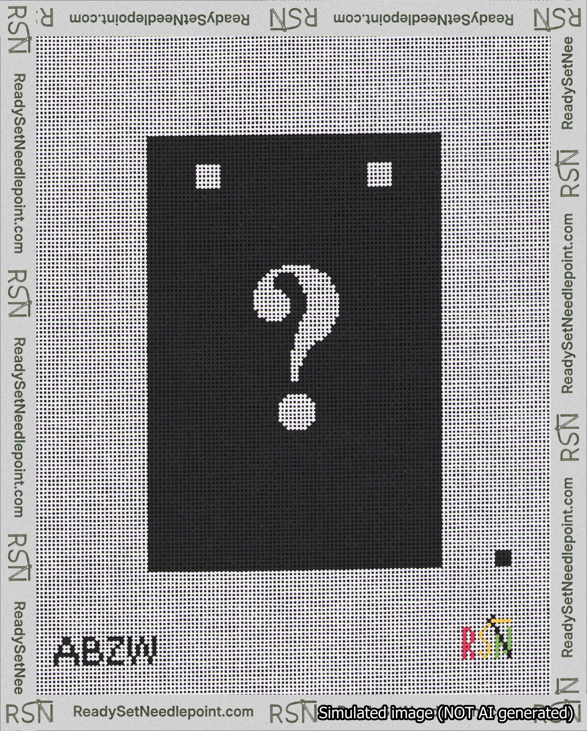 A taped needlepoint canvas with the design: Banner 18 mesh count Squared Question White on Black.