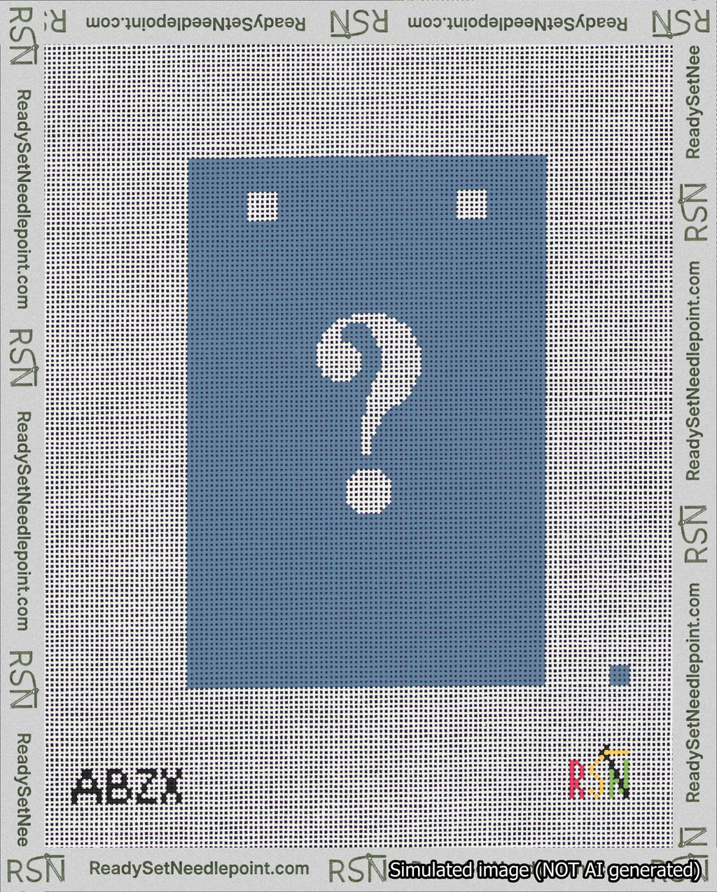 A taped needlepoint canvas with the design: Banner 18 mesh count Squared Question White on Blue.