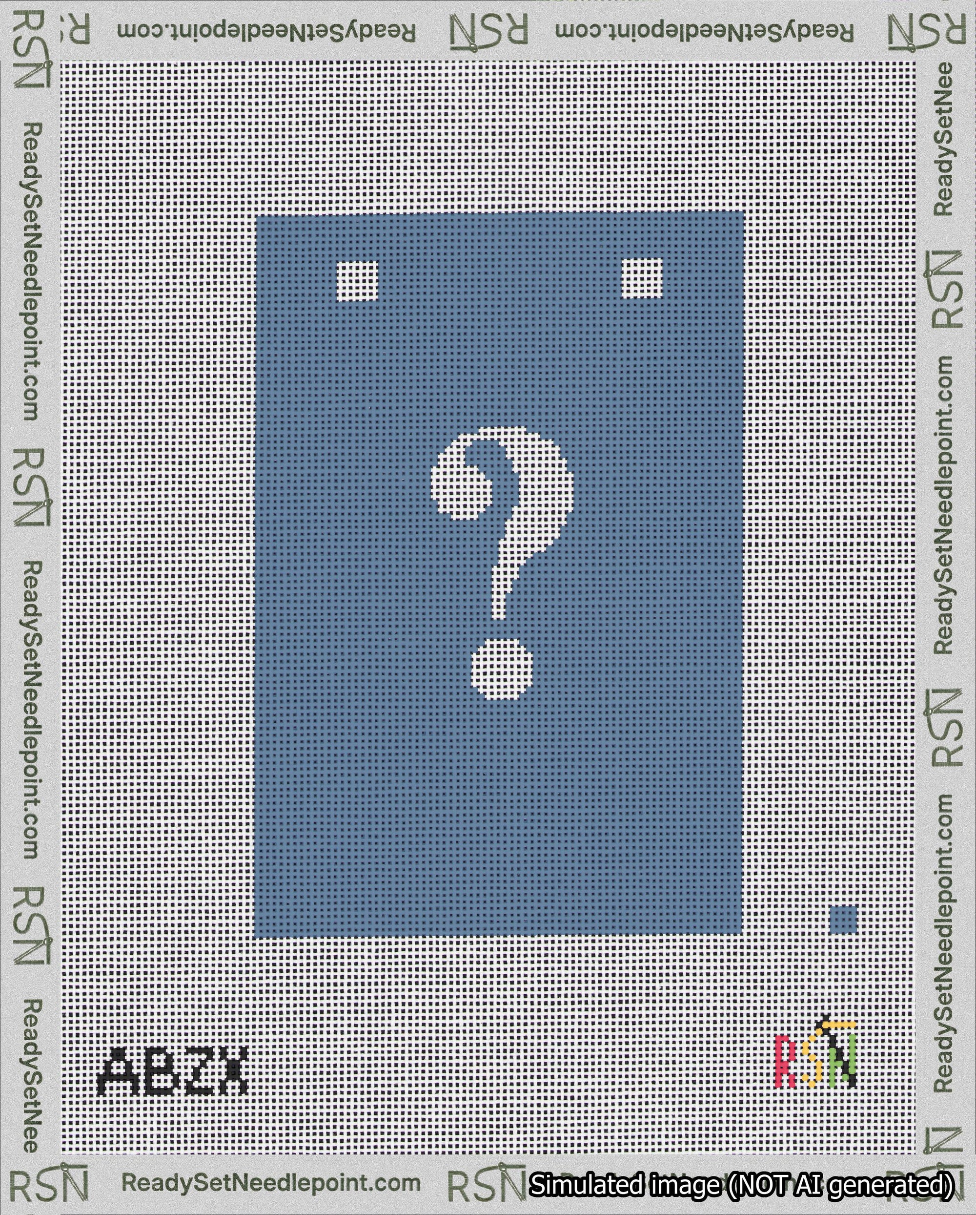 A taped needlepoint canvas with the design: Banner 18 mesh count Squared Question White on Blue.