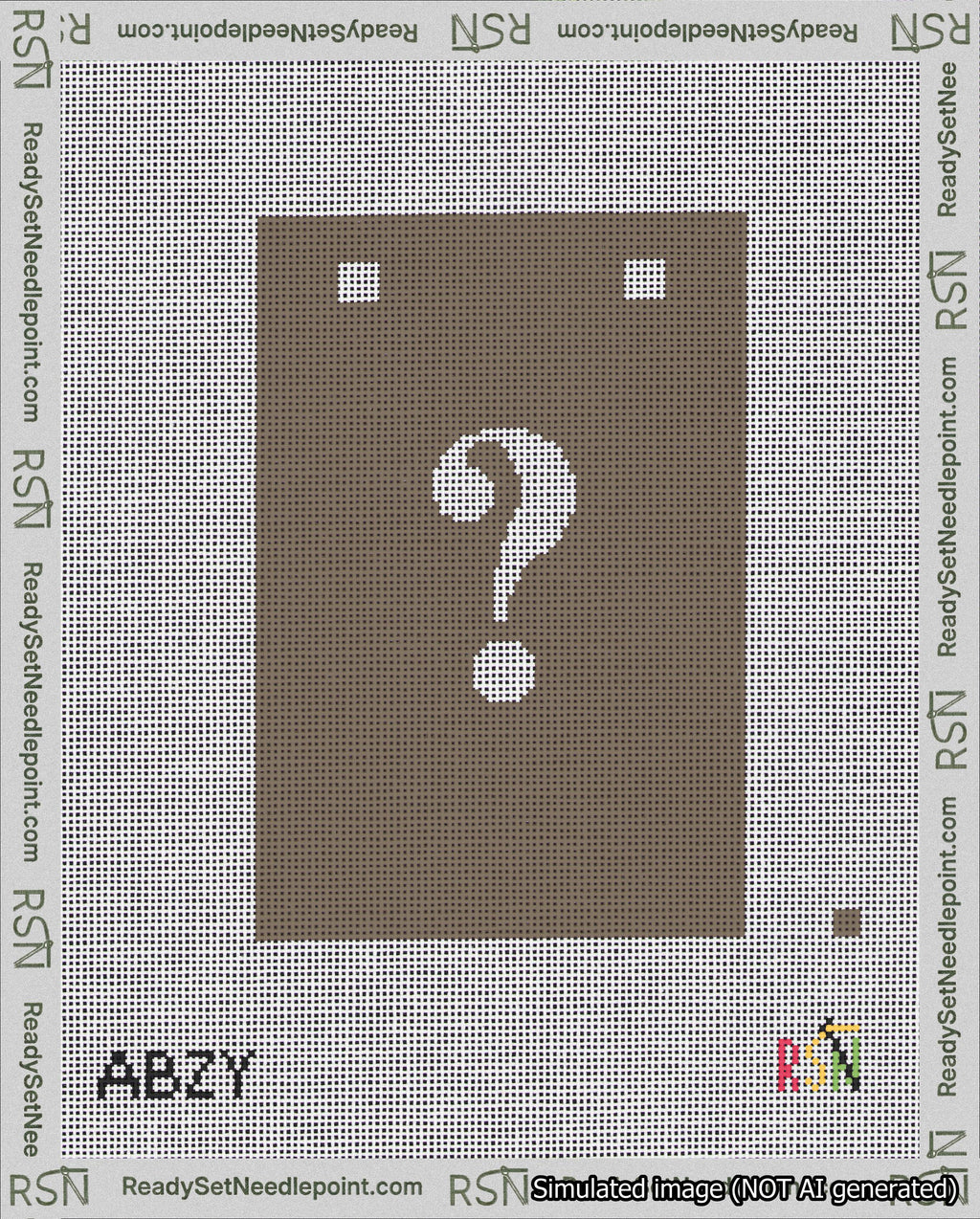 A taped needlepoint canvas with the design: Banner 18 mesh count Squared Question White on Brown.