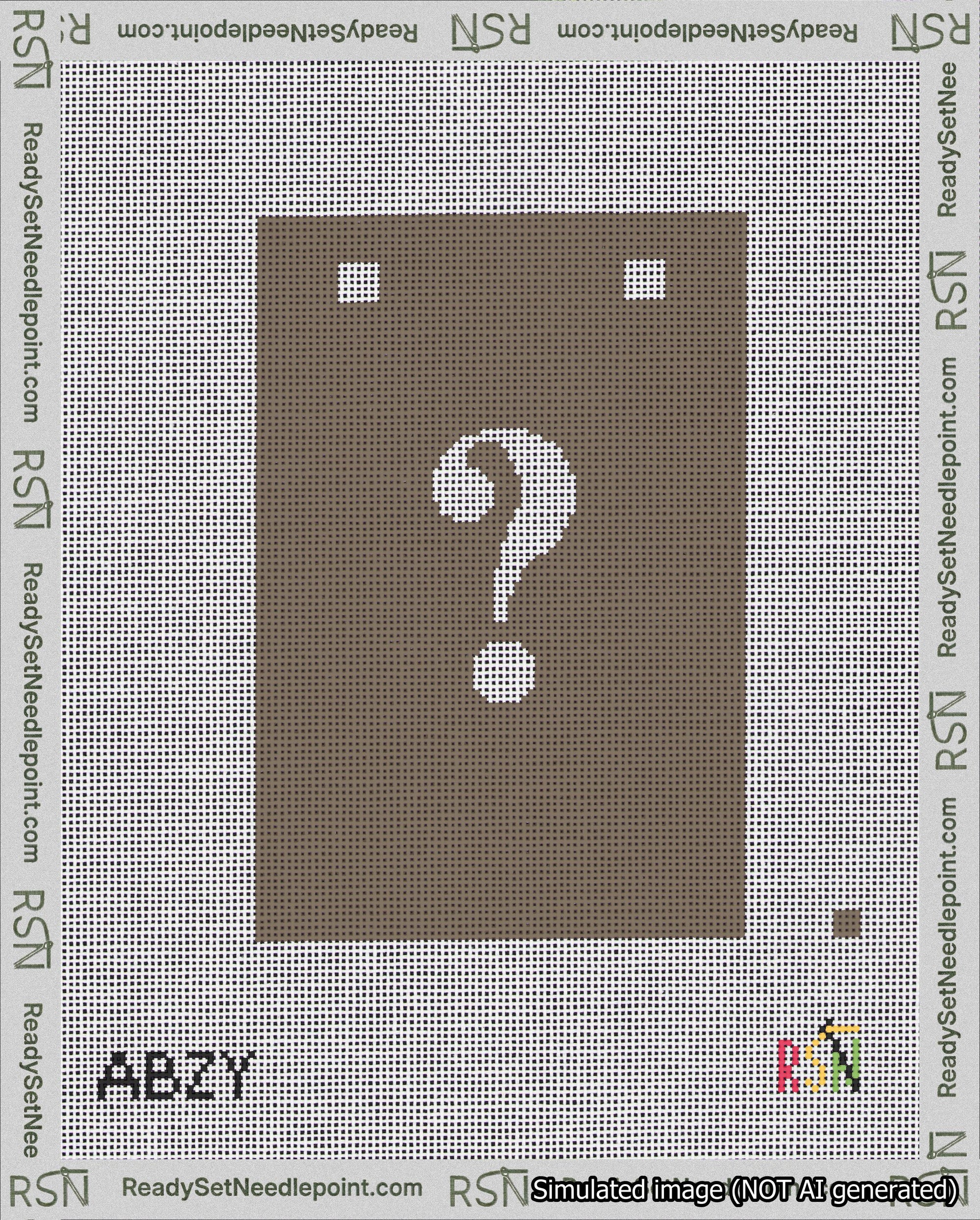 A taped needlepoint canvas with the design: Banner 18 mesh count Squared Question White on Brown.