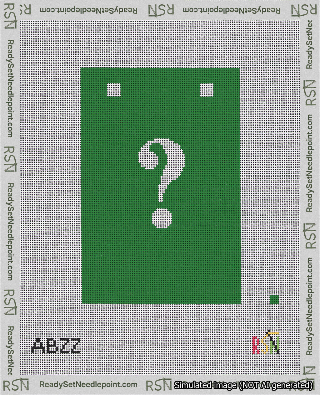 A taped needlepoint canvas with the design: Banner 18 mesh count Squared Question White on Green.
