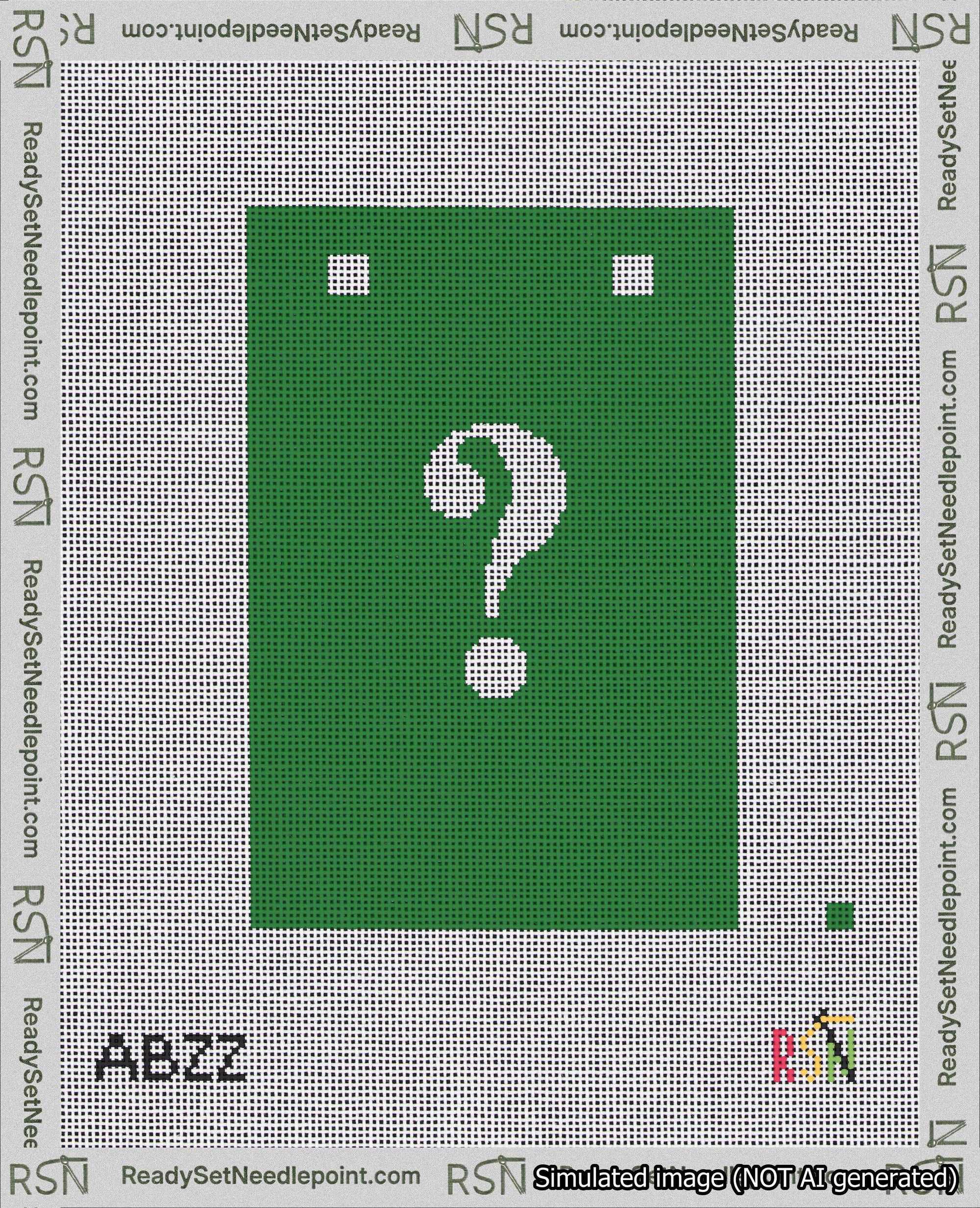 A taped needlepoint canvas with the design: Banner 18 mesh count Squared Question White on Green.