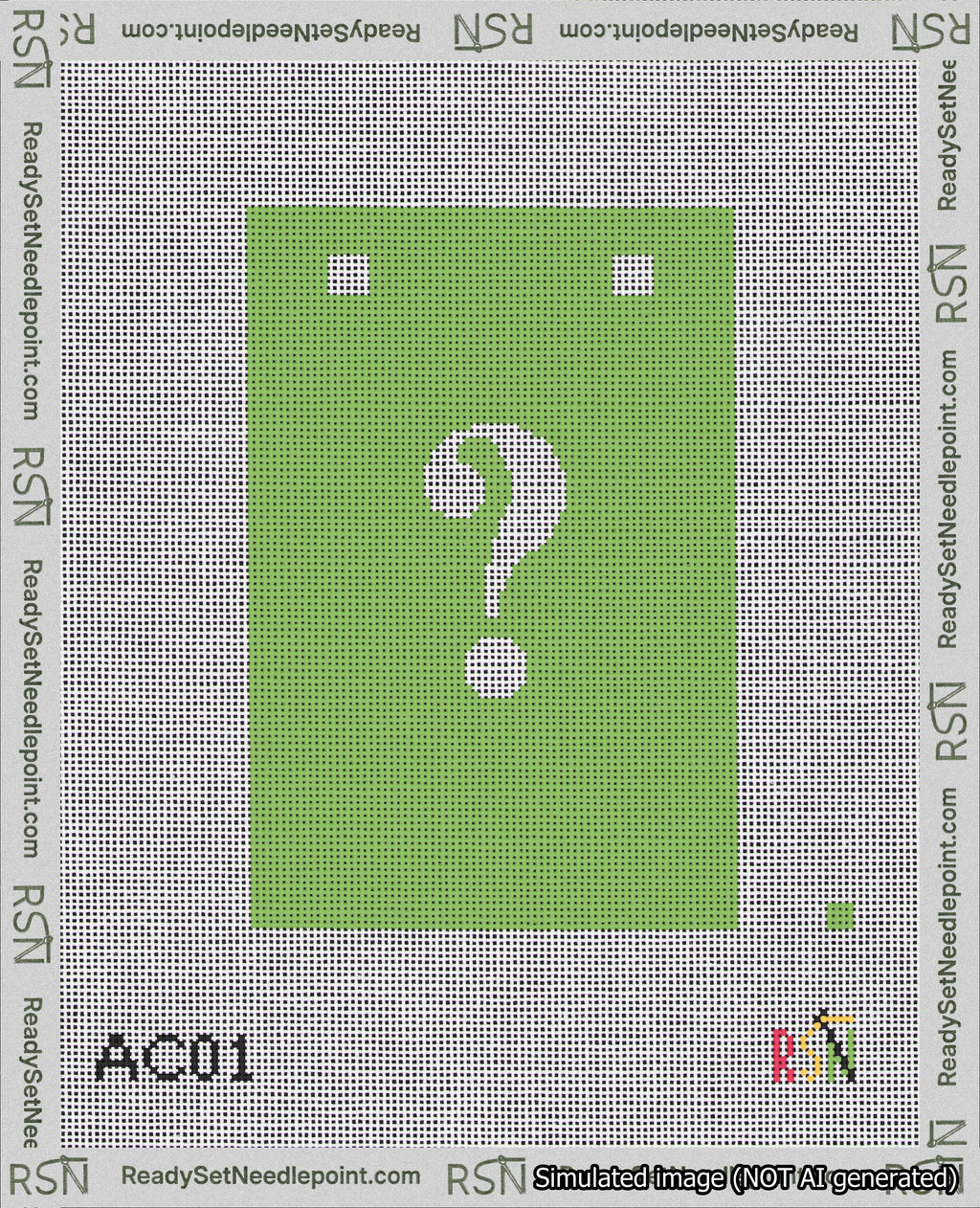 A taped needlepoint canvas with the design: Banner 18 mesh count Squared Question White on Light Green.