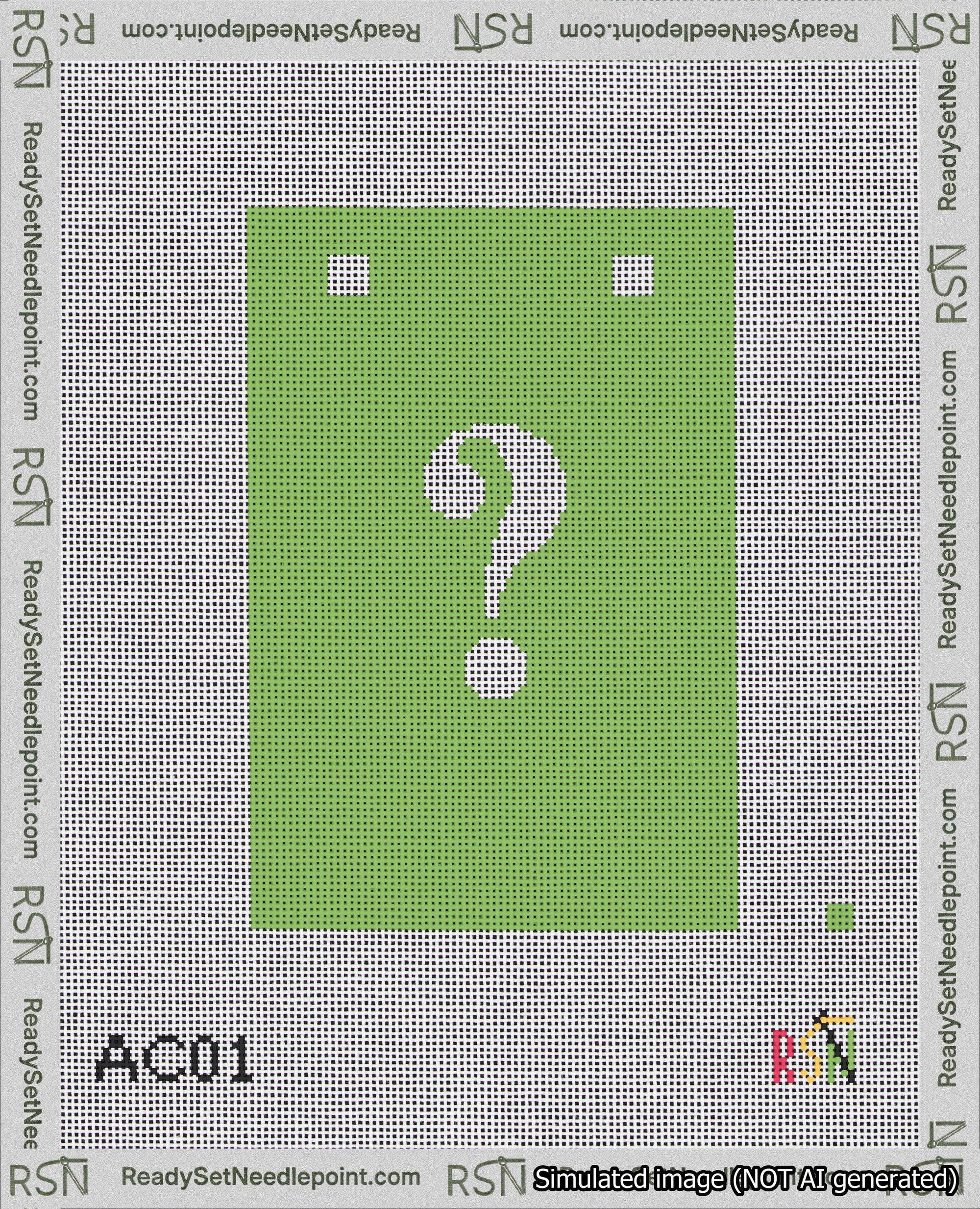 A taped needlepoint canvas with the design: Banner 18 mesh count Squared Question White on Light Green.