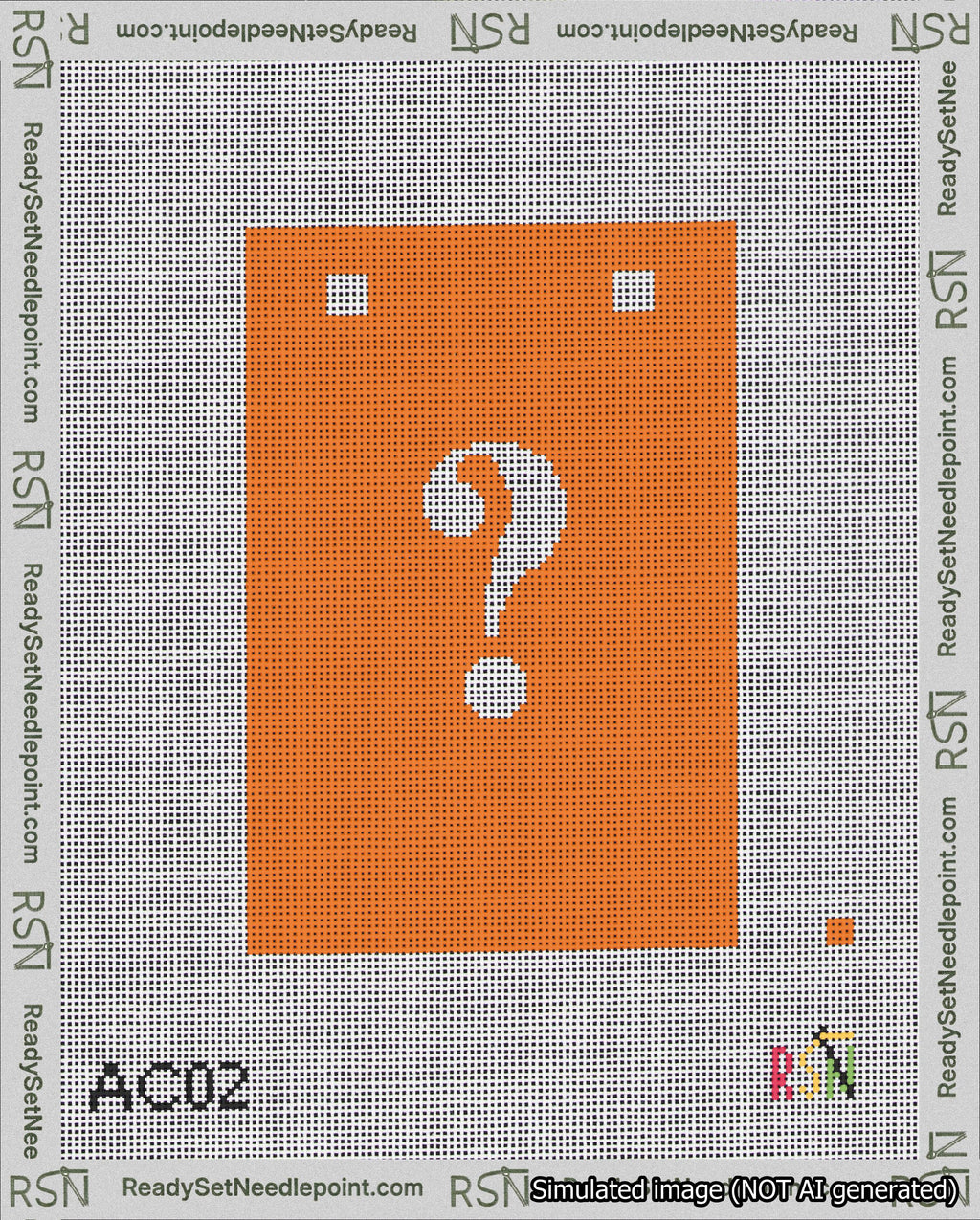 A taped needlepoint canvas with the design: Banner 18 mesh count Squared Question White on Orange.