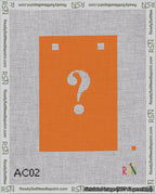 A taped needlepoint canvas with the design: Banner 18 mesh count Squared Question White on Orange.