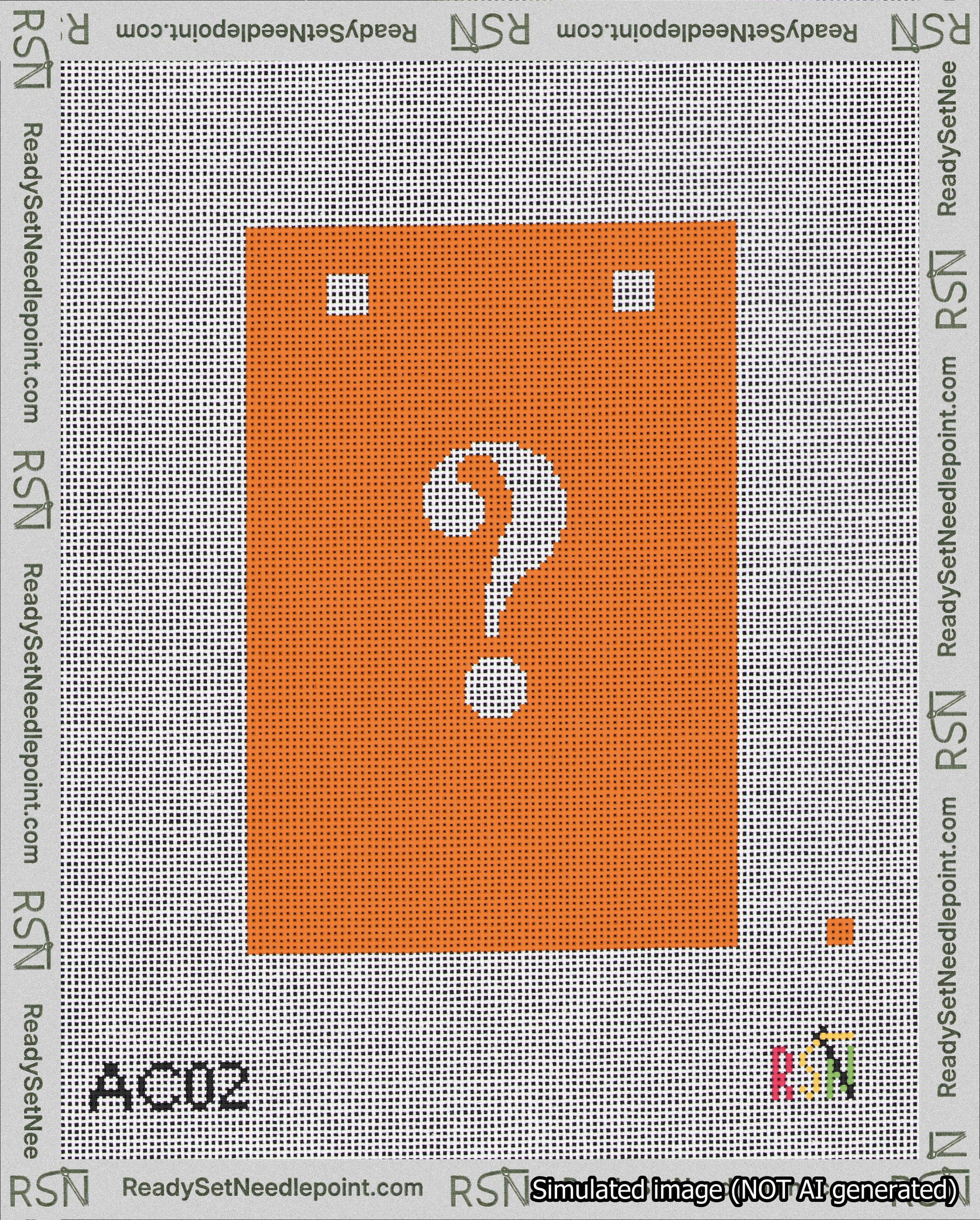 A taped needlepoint canvas with the design: Banner 18 mesh count Squared Question White on Orange.
