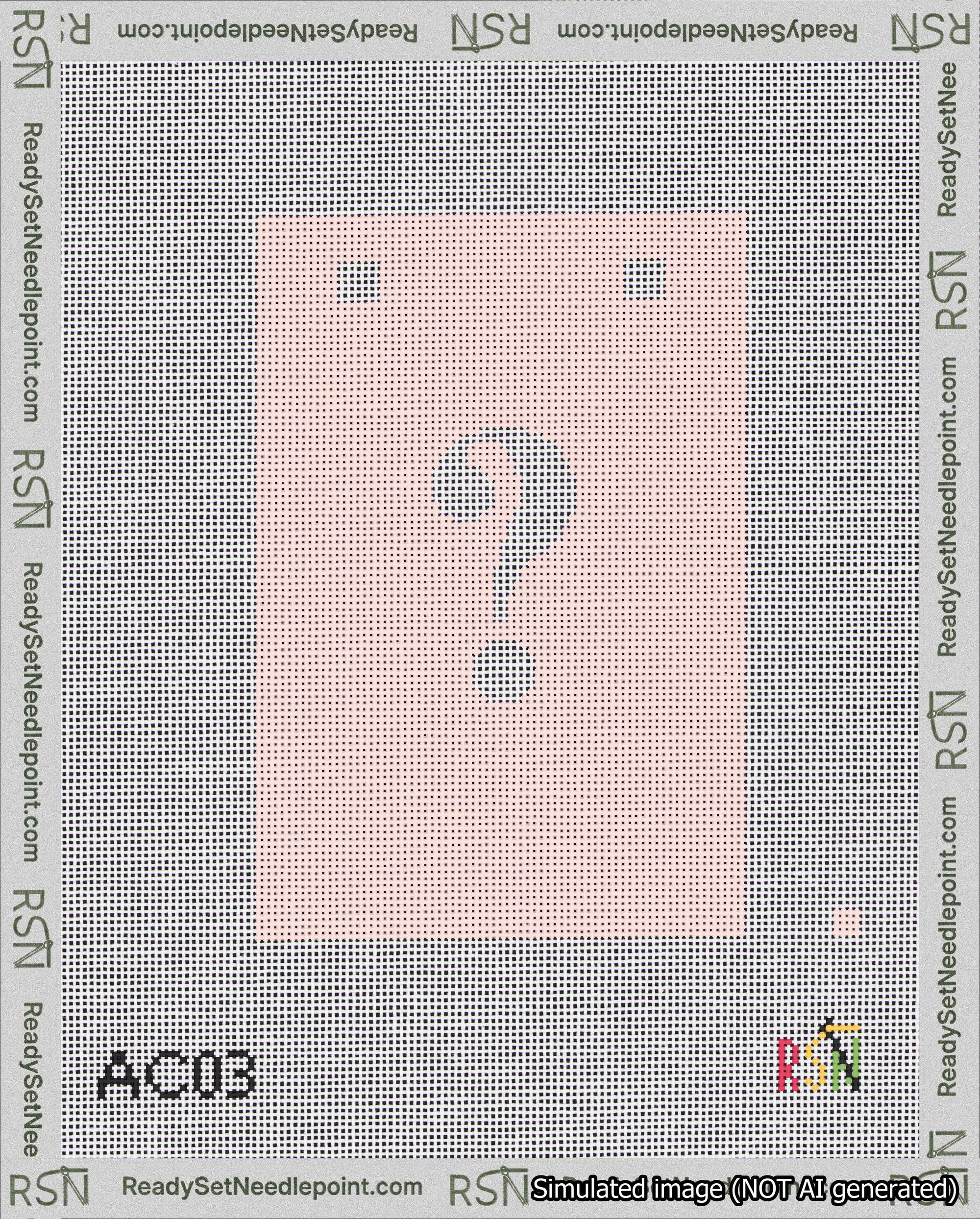 A taped needlepoint canvas with the design: Banner 18 mesh count Squared Question White on Pink.