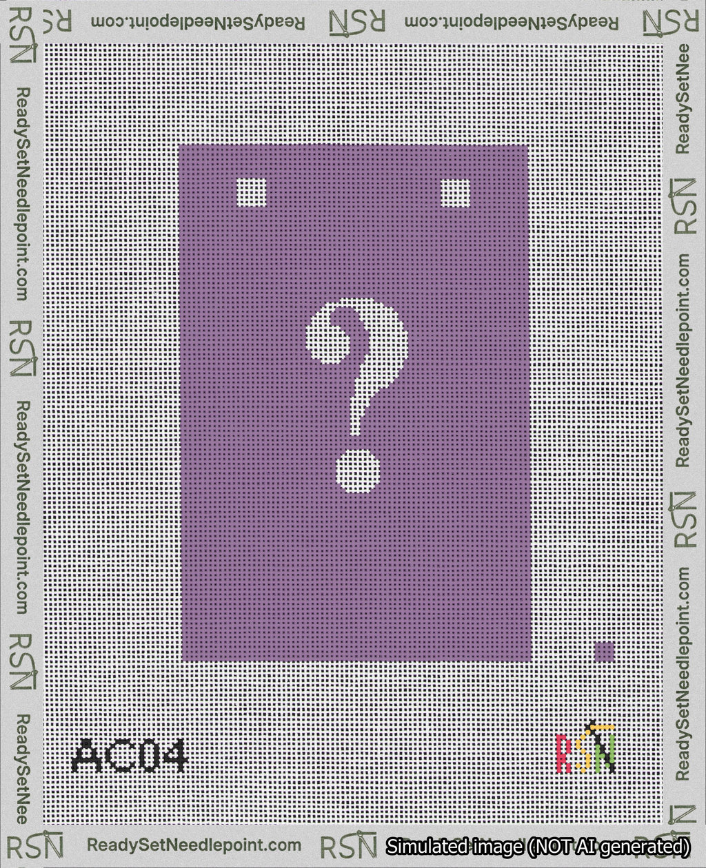 A taped needlepoint canvas with the design: Banner 18 mesh count Squared Question White on Purple.