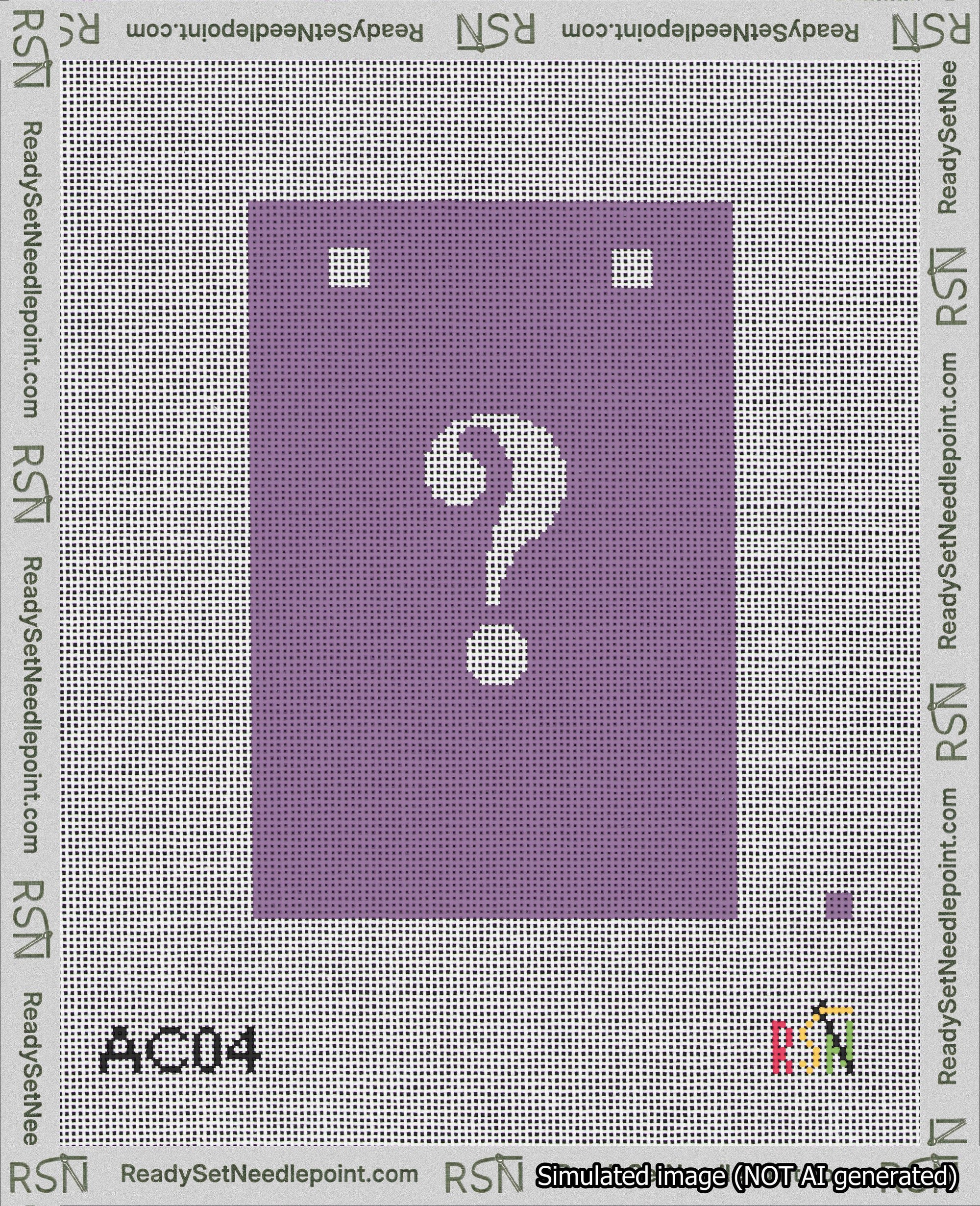 A taped needlepoint canvas with the design: Banner 18 mesh count Squared Question White on Purple.