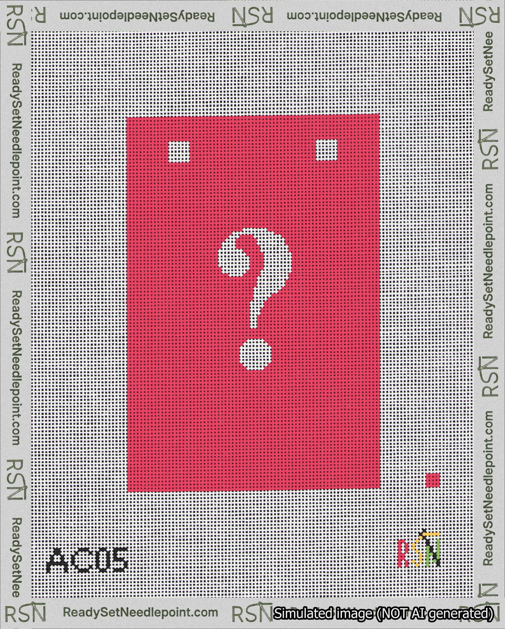A taped needlepoint canvas with the design: Banner 18 mesh count Squared Question White on Red.