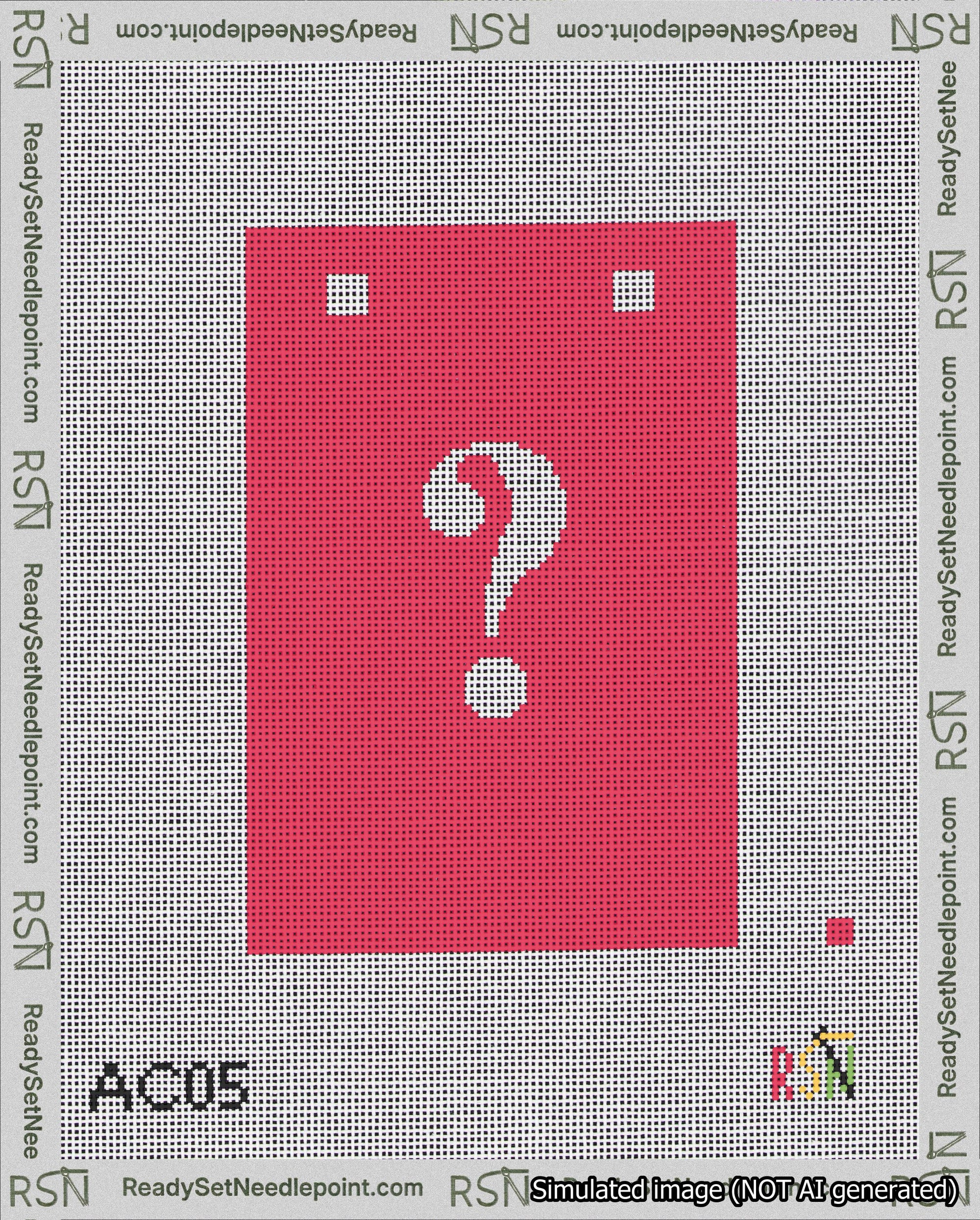 A taped needlepoint canvas with the design: Banner 18 mesh count Squared Question White on Red.