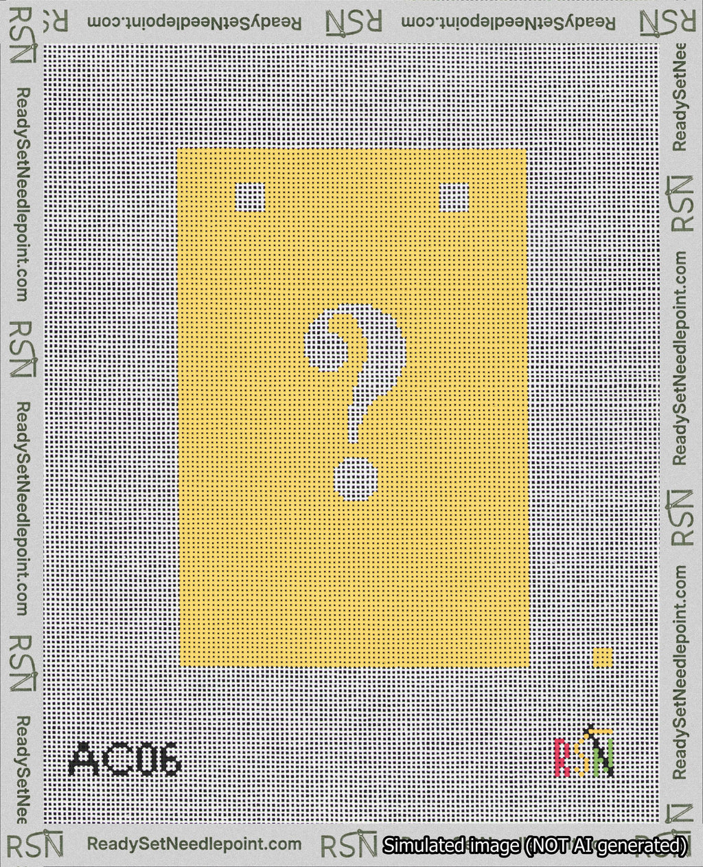 A taped needlepoint canvas with the design: Banner 18 mesh count Squared Question White on Yellow.