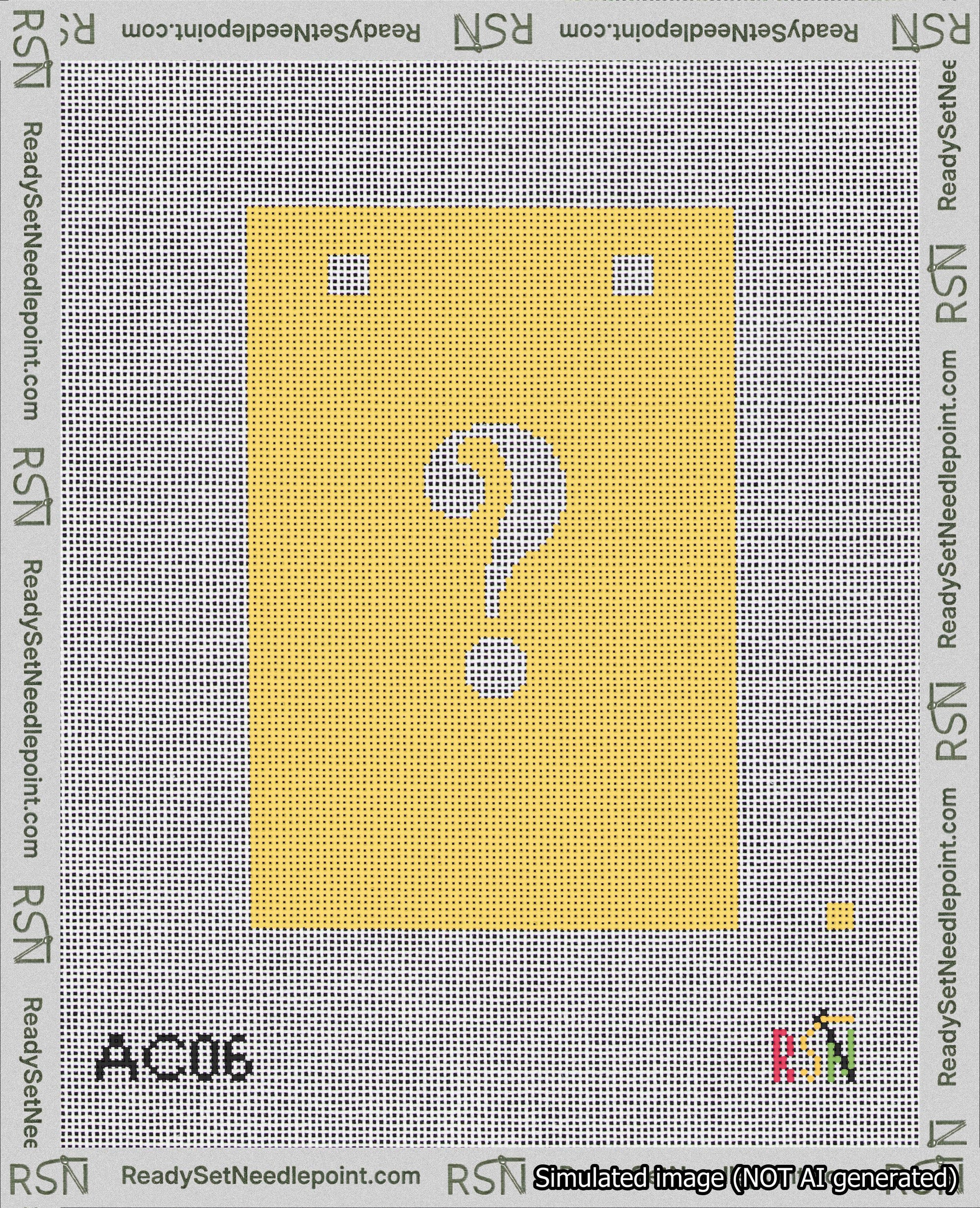 A taped needlepoint canvas with the design: Banner 18 mesh count Squared Question White on Yellow.