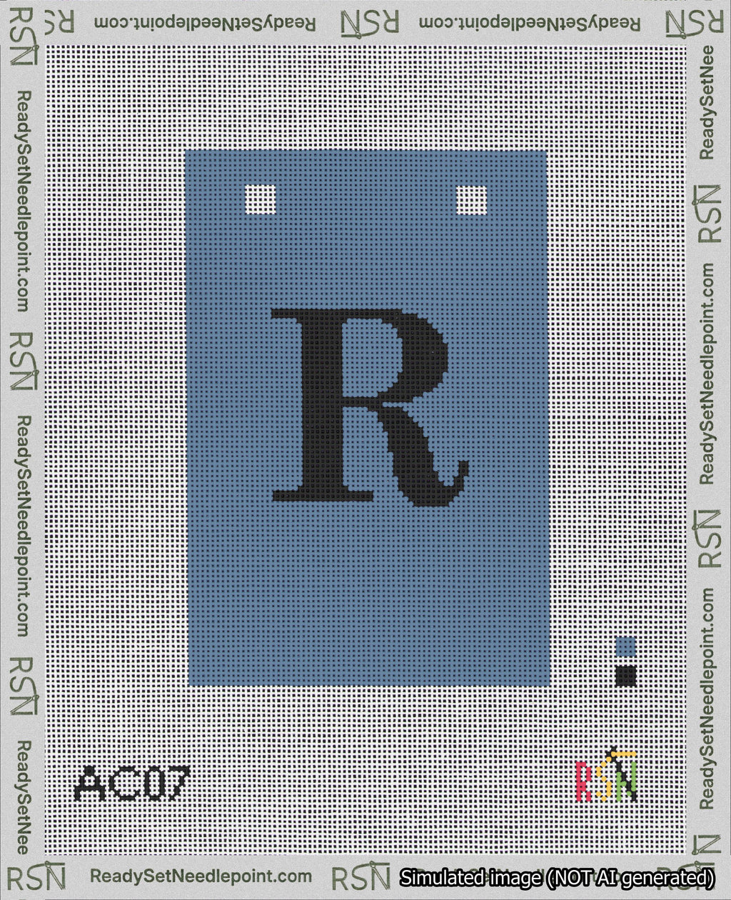 A taped needlepoint canvas with the design: Banner 18 mesh count Squared R Black on Blue.