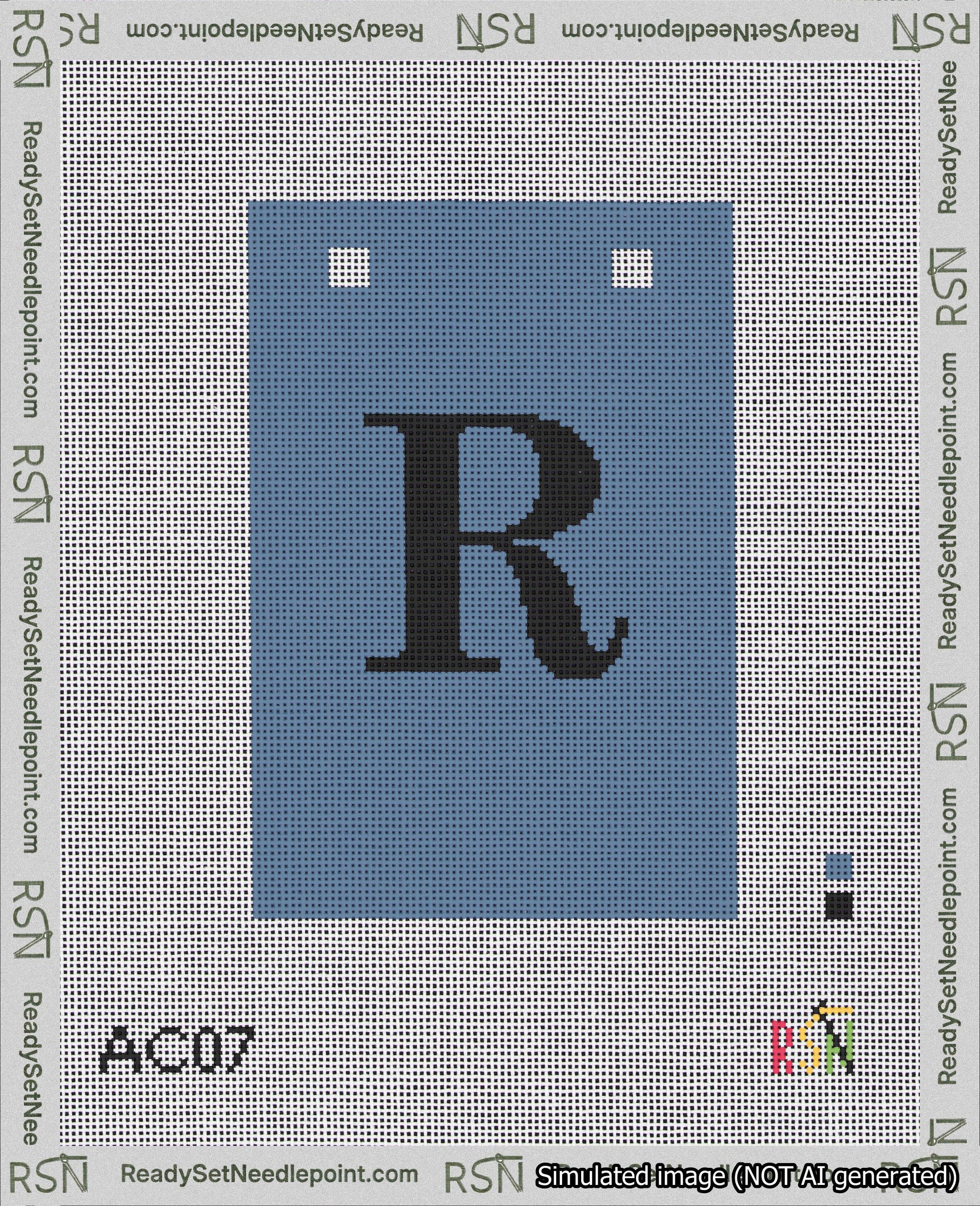 A taped needlepoint canvas with the design: Banner 18 mesh count Squared R Black on Blue.