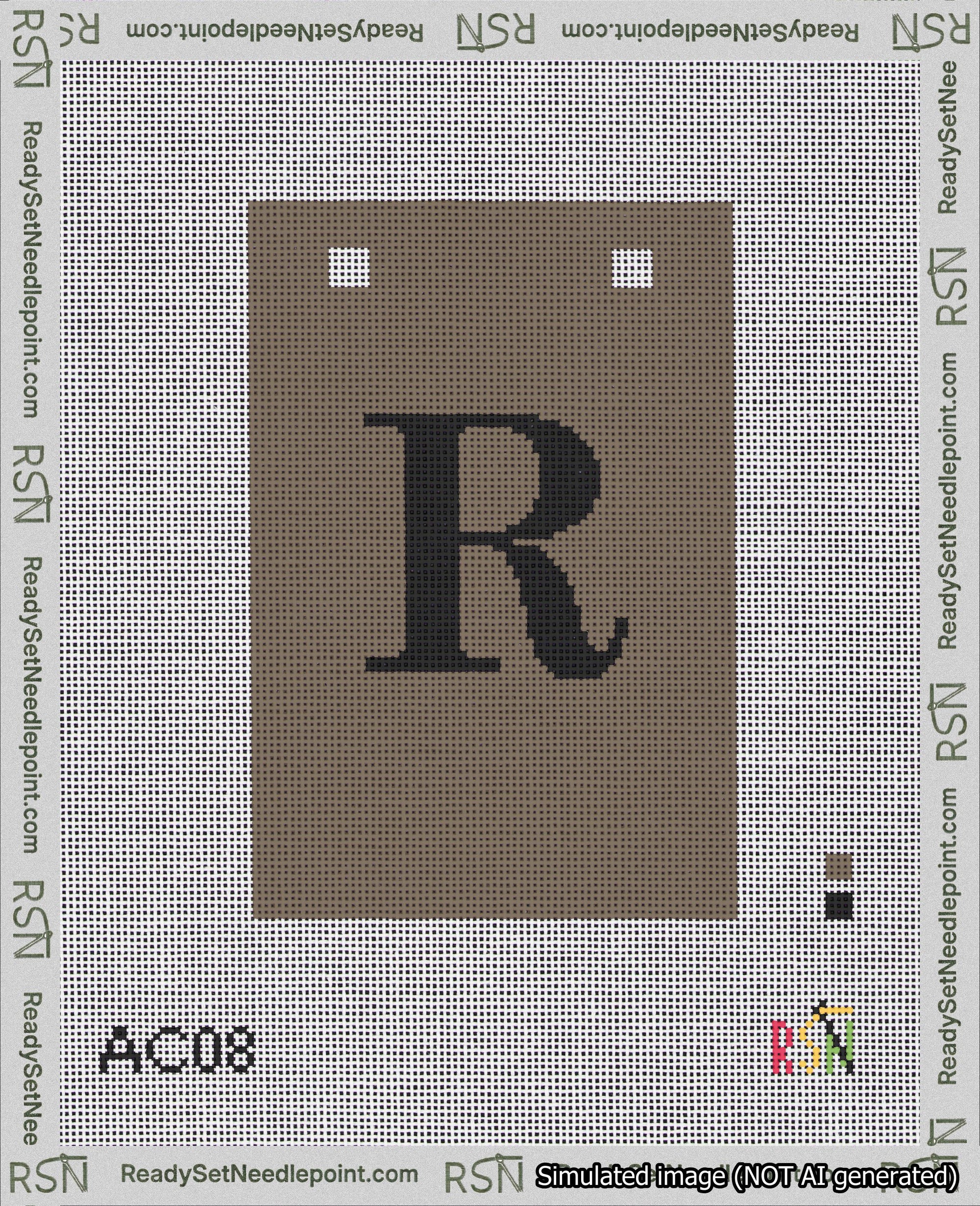 A taped needlepoint canvas with the design: Banner 18 mesh count Squared R Black on Brown.