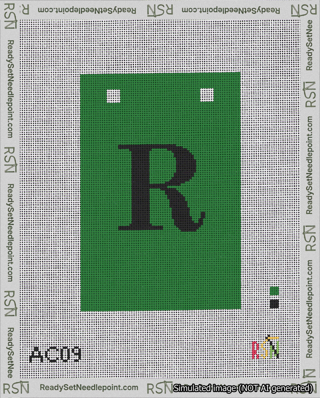 A taped needlepoint canvas with the design: Banner 18 mesh count Squared R Black on Green.
