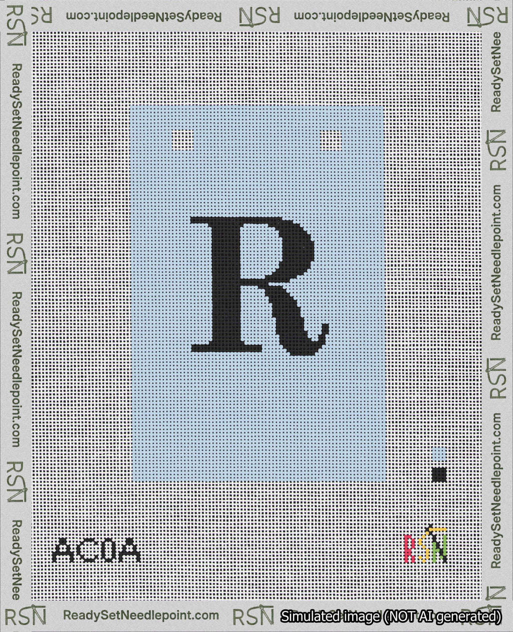 A taped needlepoint canvas with the design: Banner 18 mesh count Squared R Black on Light Blue.