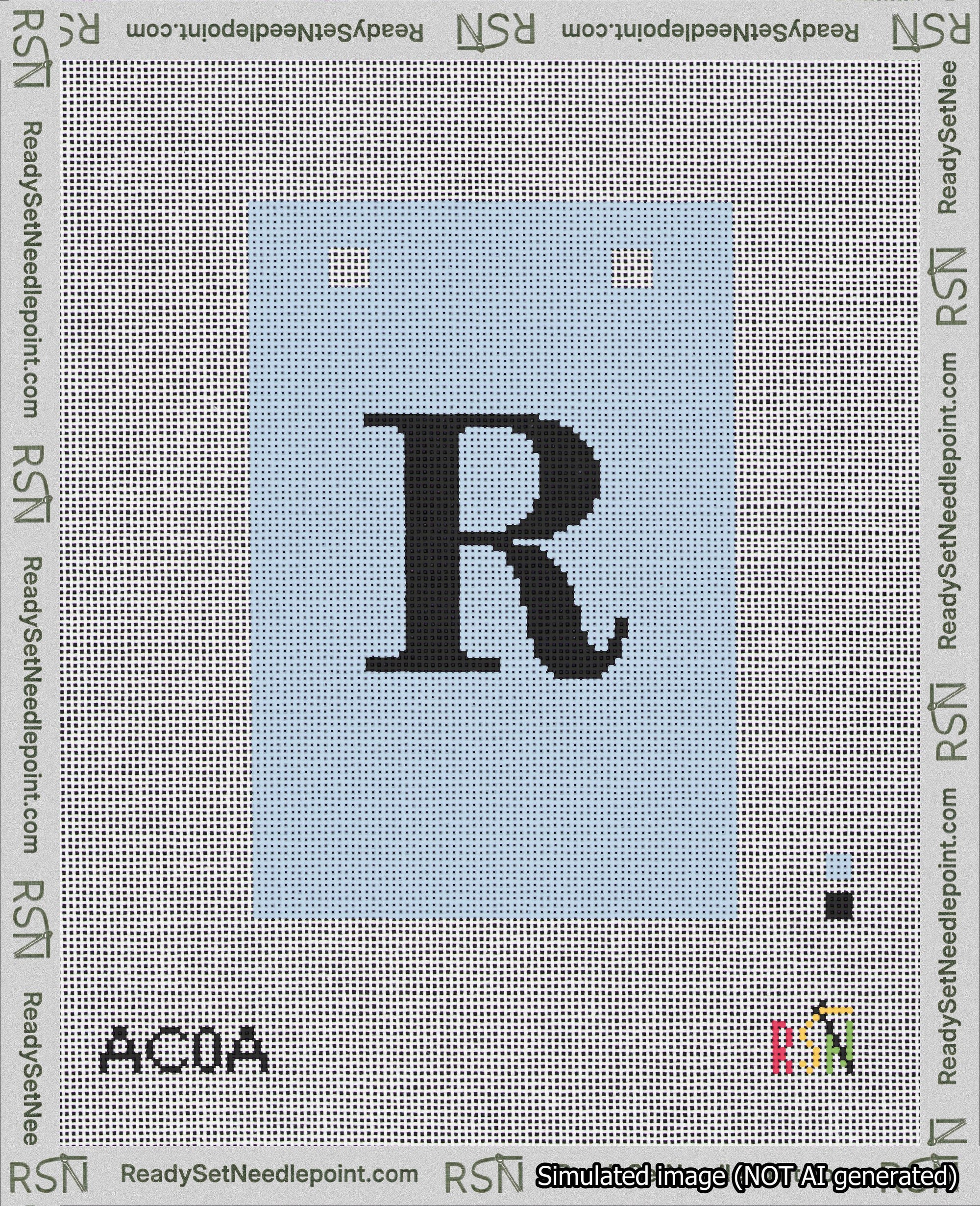 A taped needlepoint canvas with the design: Banner 18 mesh count Squared R Black on Light Blue.