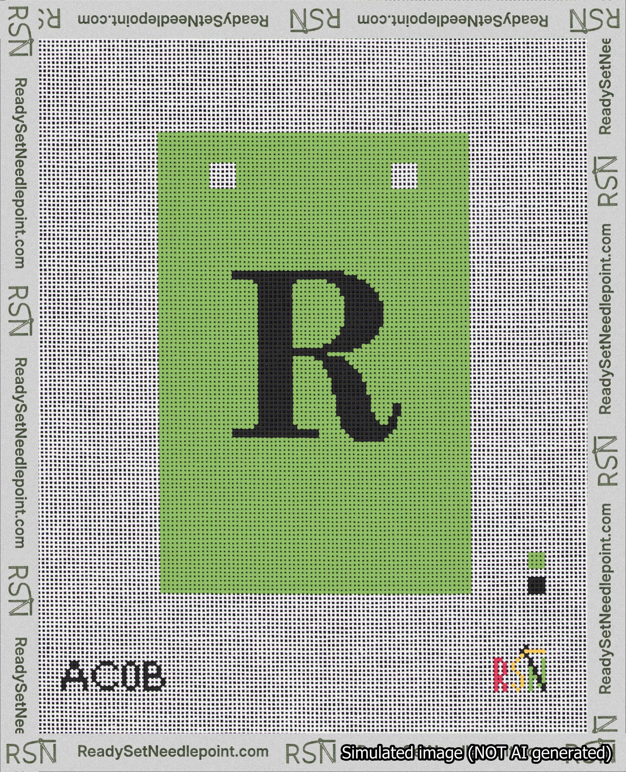 A taped needlepoint canvas with the design: Banner 18 mesh count Squared R Black on Light Green.
