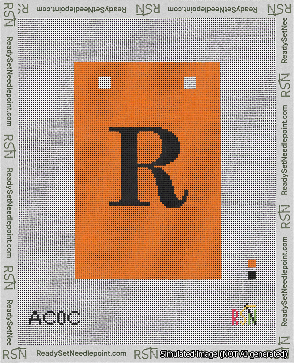 A taped needlepoint canvas with the design: Banner 18 mesh count Squared R Black on Orange.