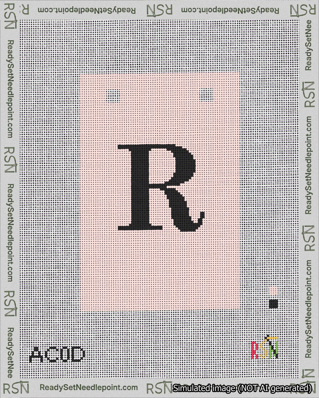 A taped needlepoint canvas with the design: Banner 18 mesh count Squared R Black on Pink.