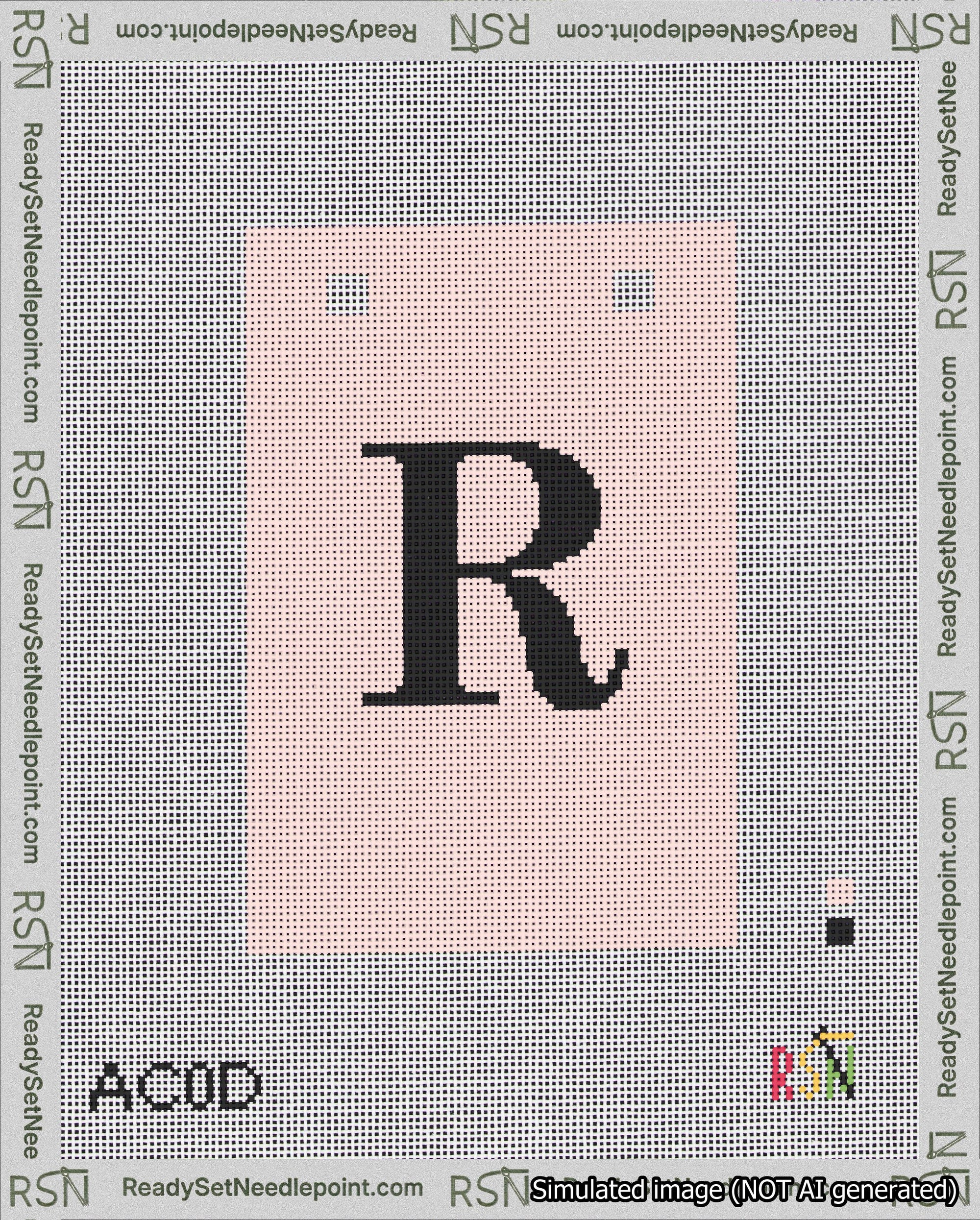 A taped needlepoint canvas with the design: Banner 18 mesh count Squared R Black on Pink.