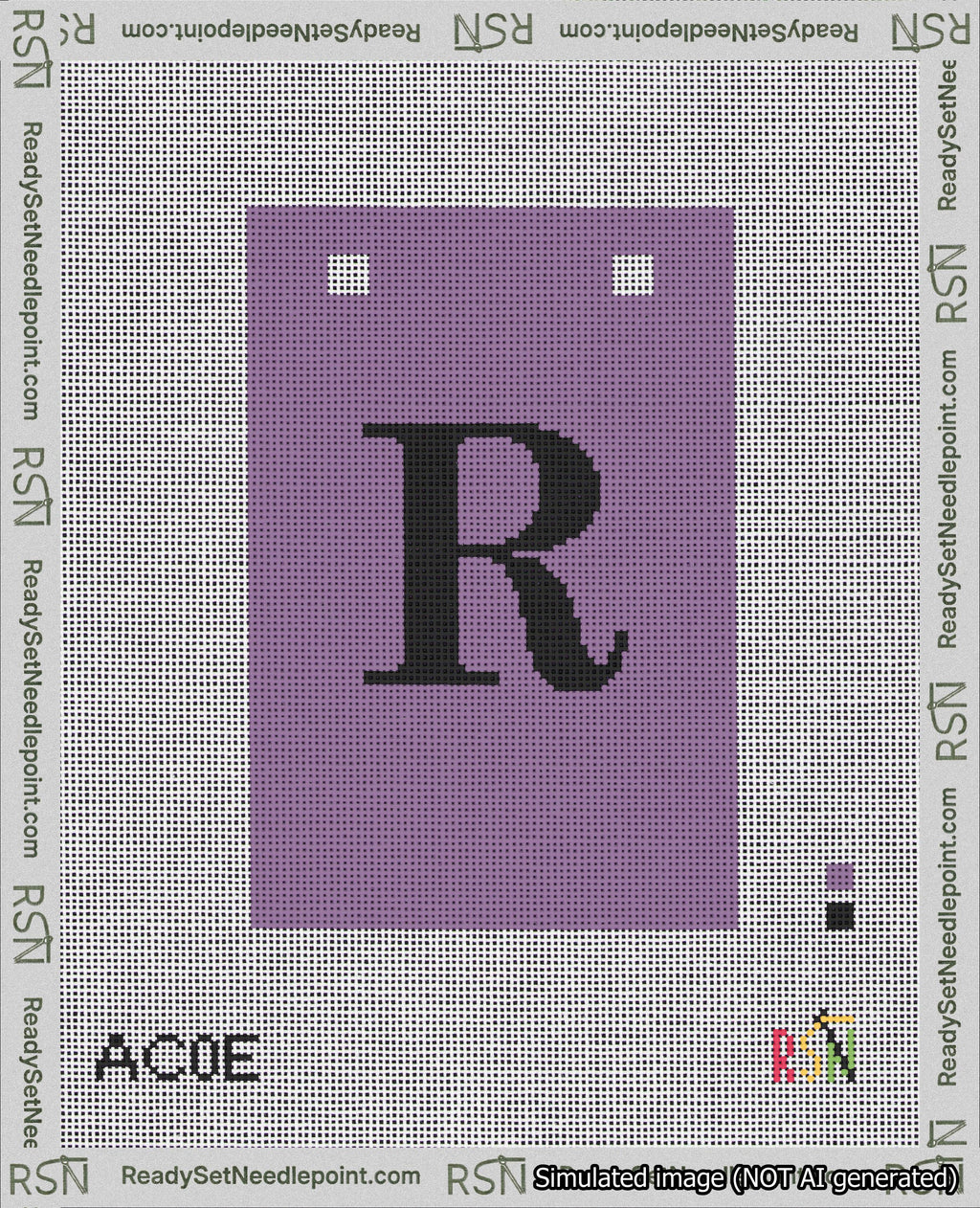 A taped needlepoint canvas with the design: Banner 18 mesh count Squared R Black on Purple.