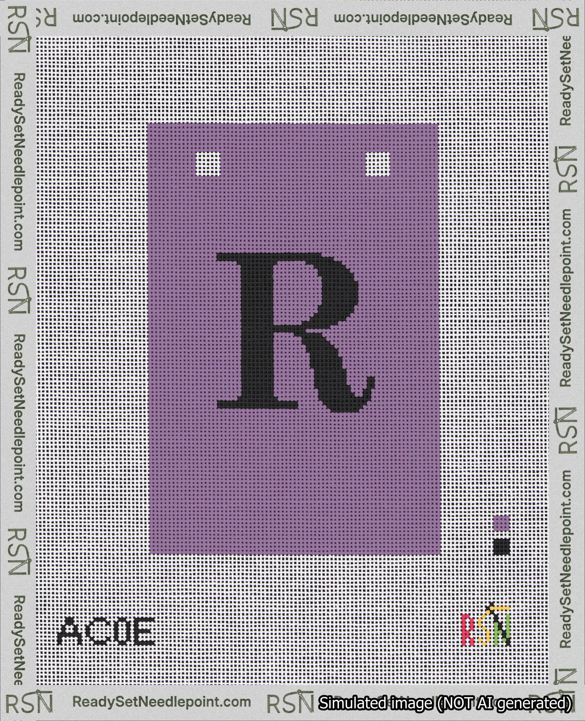 A taped needlepoint canvas with the design: Banner 18 mesh count Squared R Black on Purple.