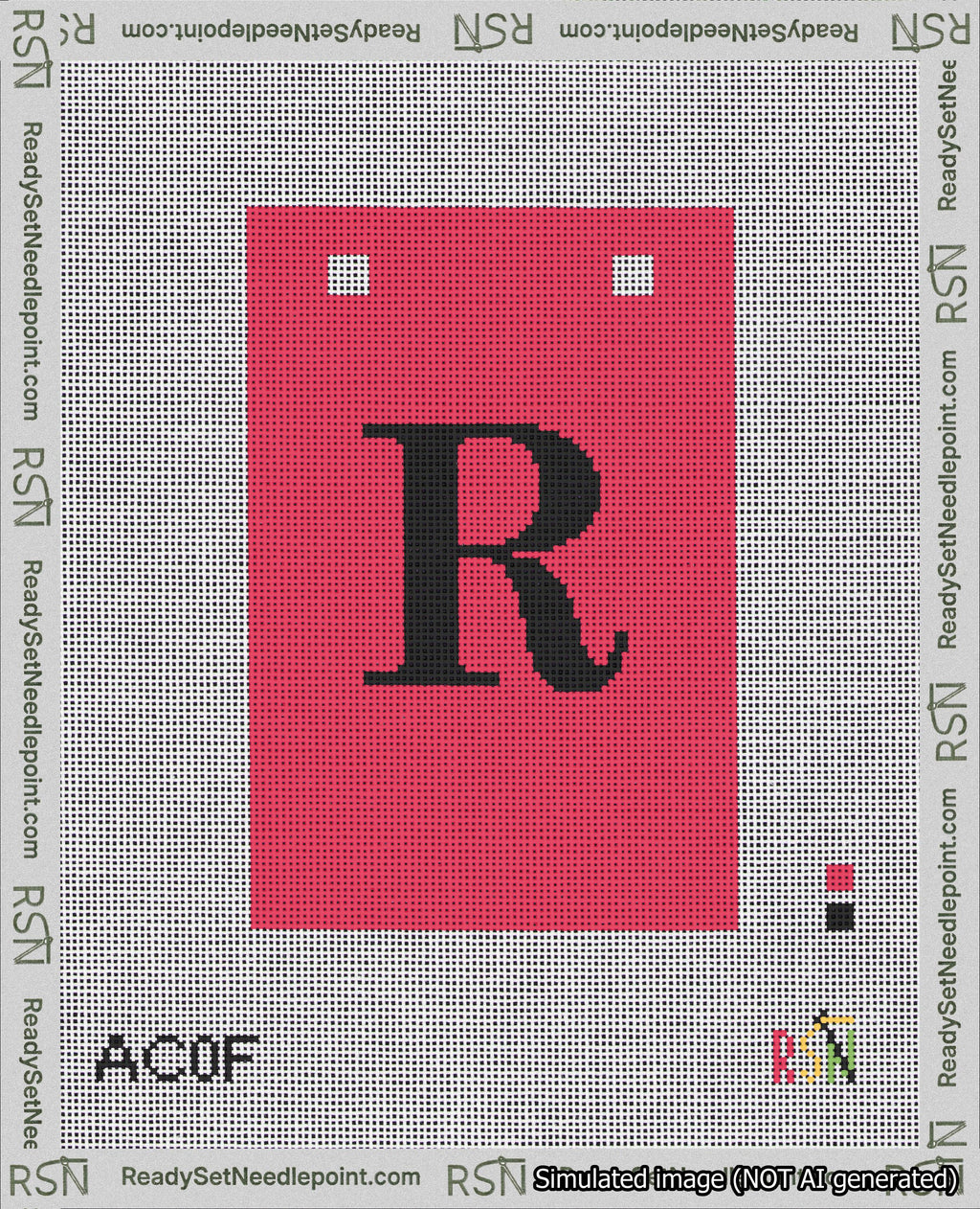 A taped needlepoint canvas with the design: Banner 18 mesh count Squared R Black on Red.