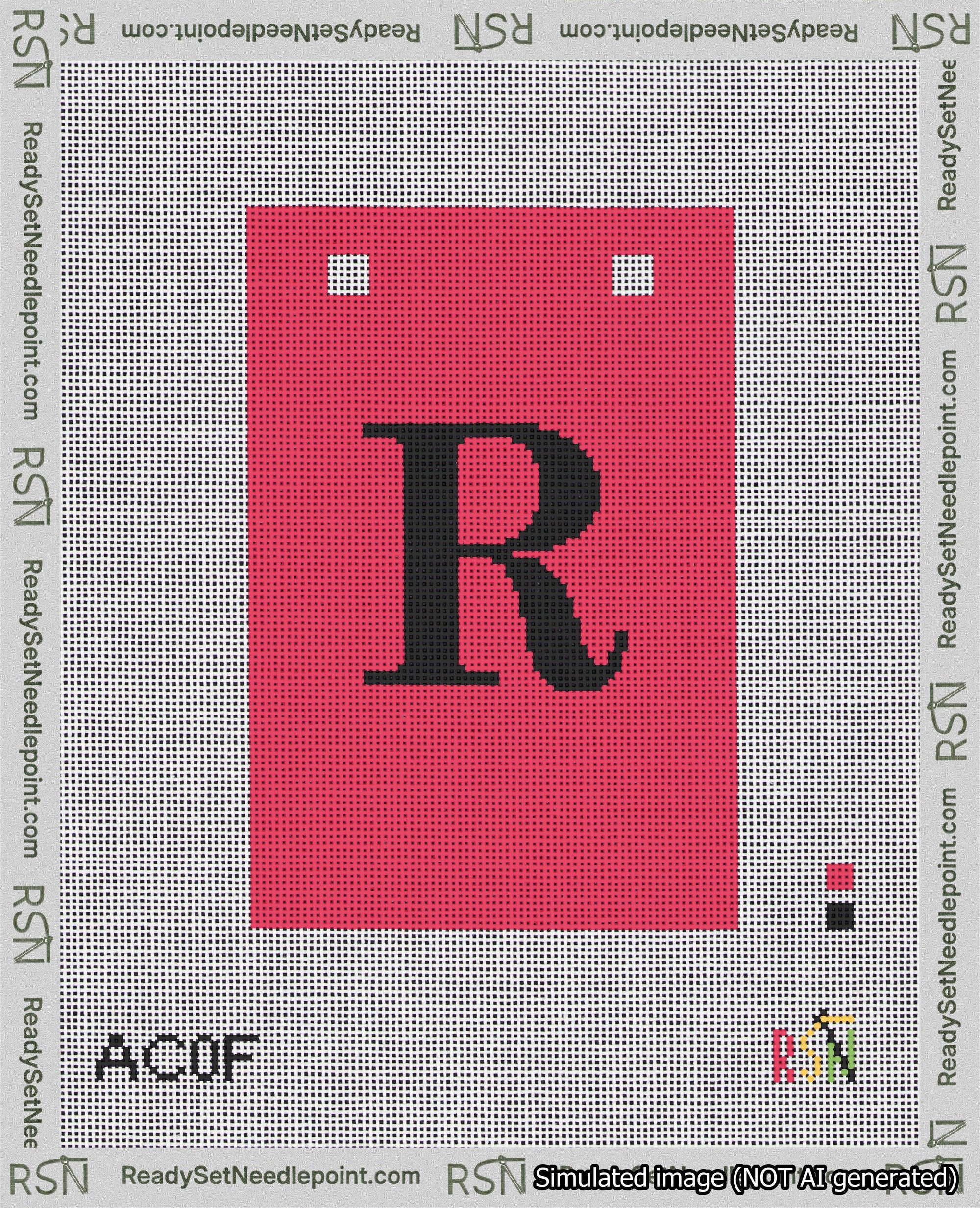 A taped needlepoint canvas with the design: Banner 18 mesh count Squared R Black on Red.