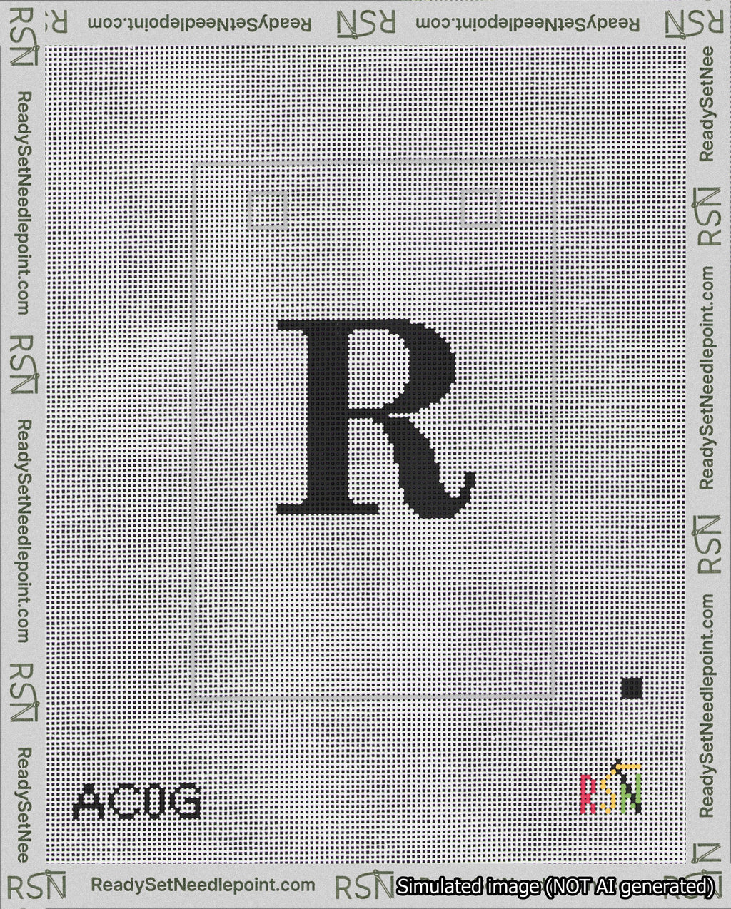 A taped needlepoint canvas with the design: Banner 18 mesh count Squared R Black on White.