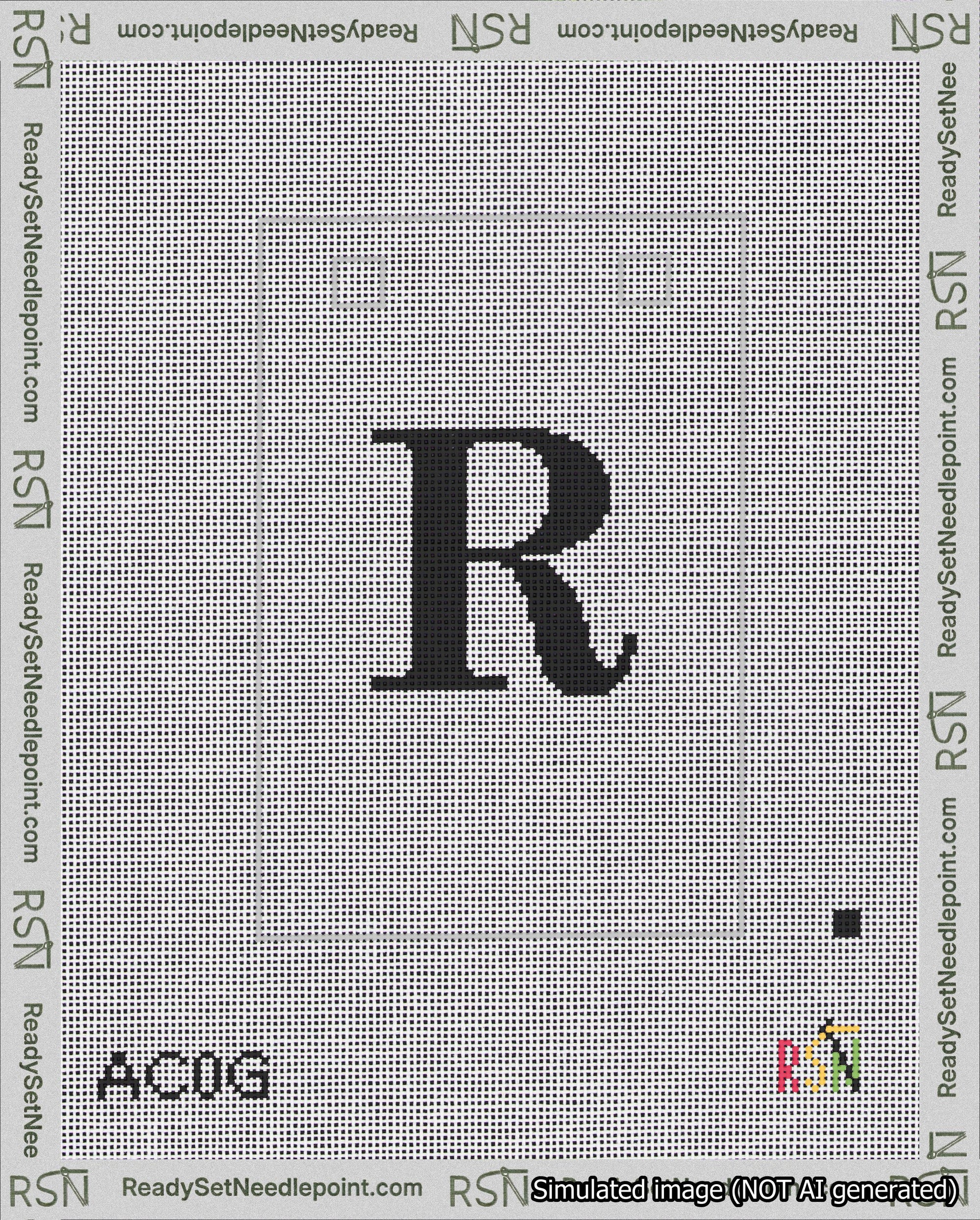 A taped needlepoint canvas with the design: Banner 18 mesh count Squared R Black on White.