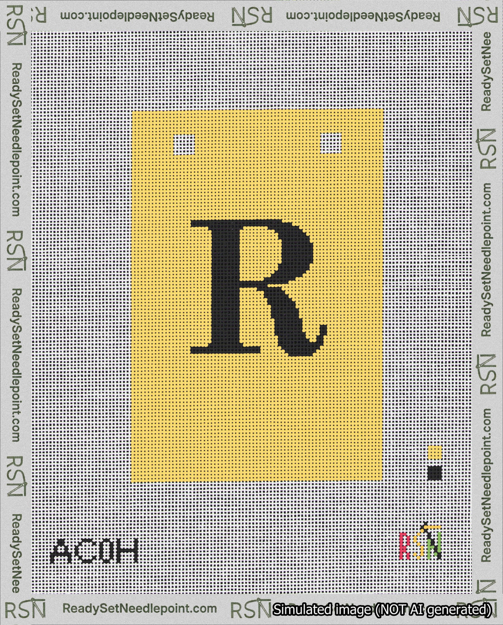 A taped needlepoint canvas with the design: Banner 18 mesh count Squared R Black on Yellow.