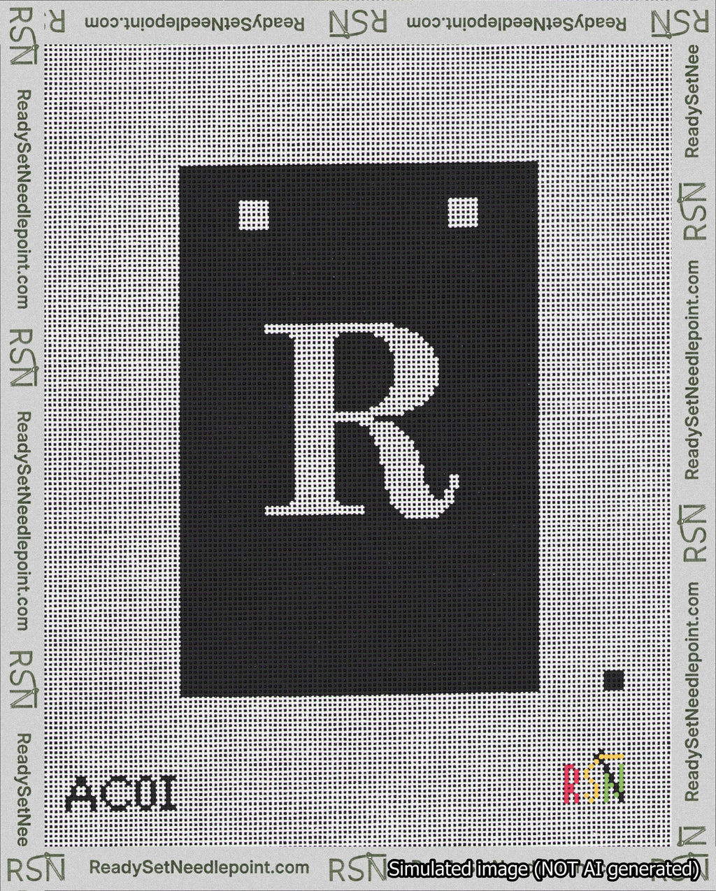 A taped needlepoint canvas with the design: Banner 18 mesh count Squared R White on Black.