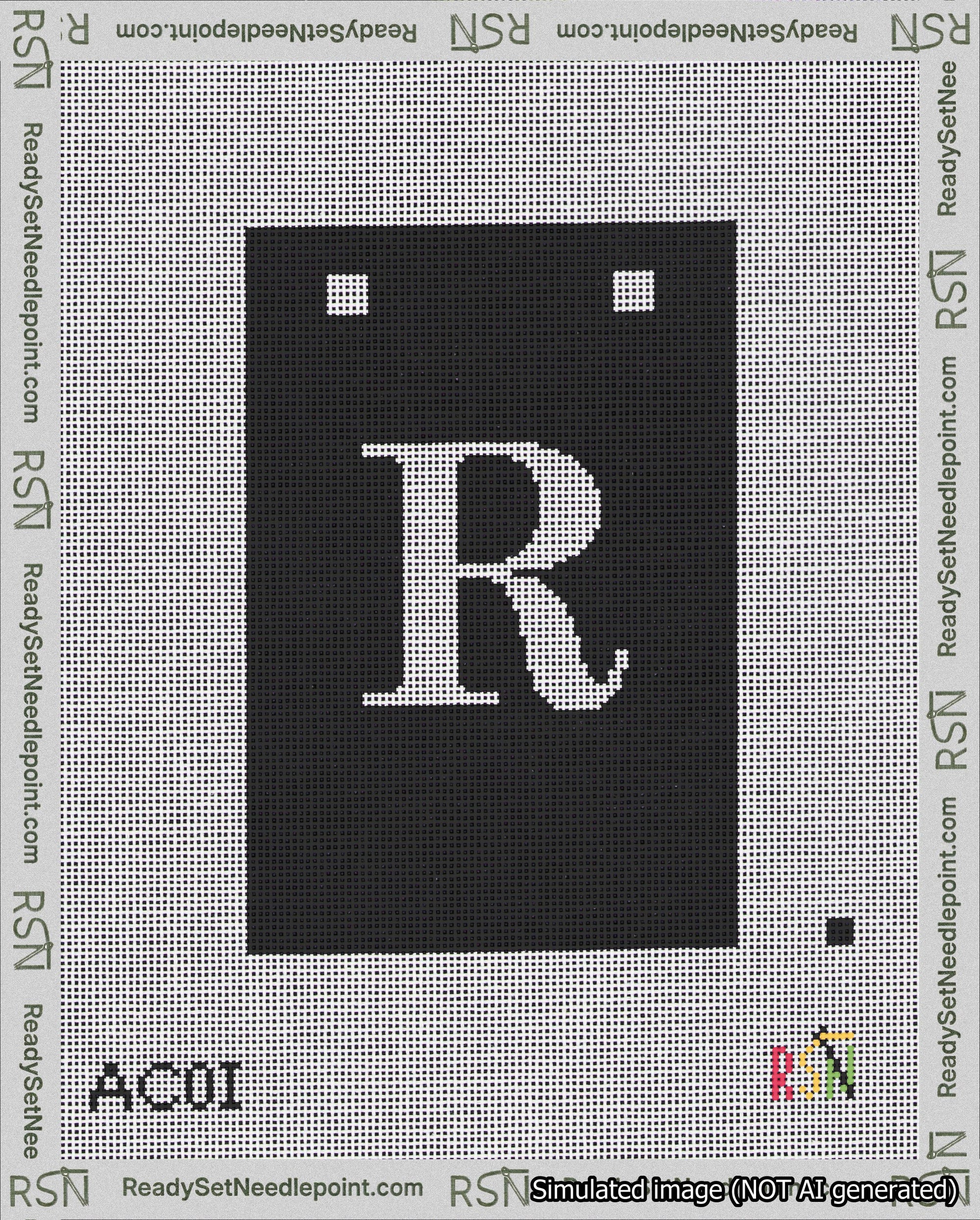 A taped needlepoint canvas with the design: Banner 18 mesh count Squared R White on Black.