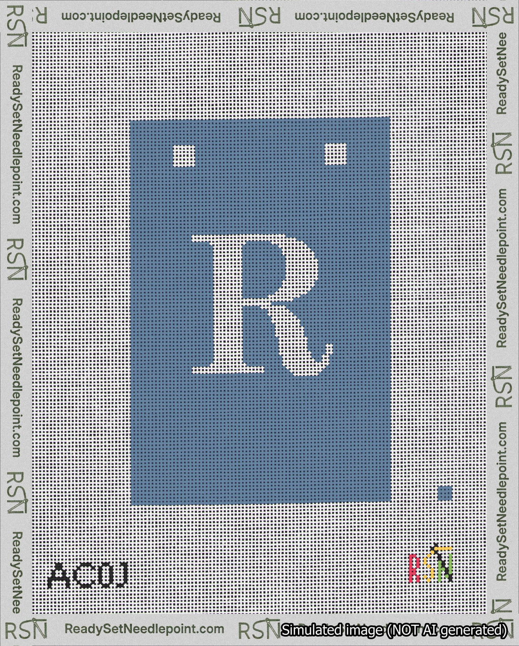 A taped needlepoint canvas with the design: Banner 18 mesh count Squared R White on Blue.
