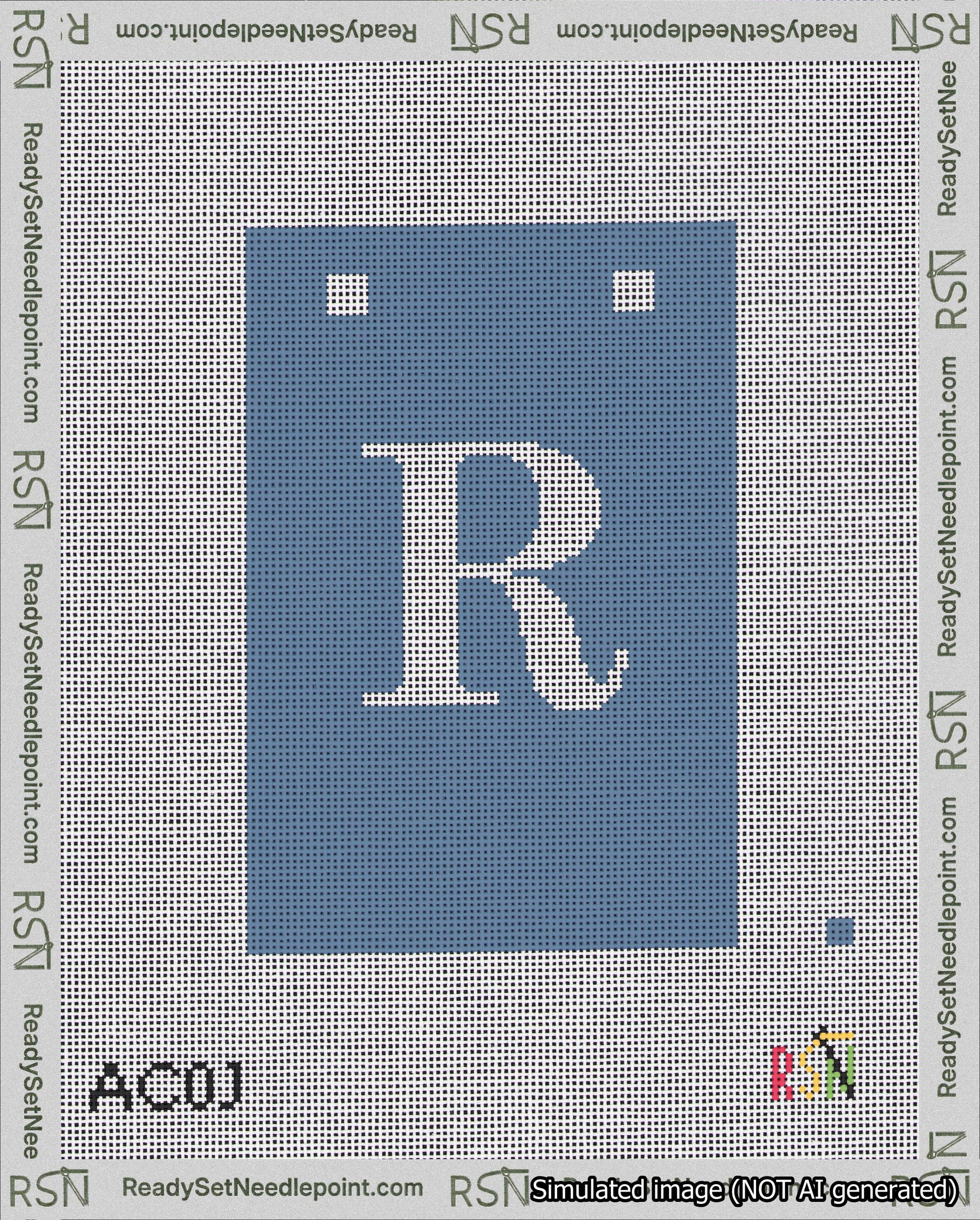 A taped needlepoint canvas with the design: Banner 18 mesh count Squared R White on Blue.