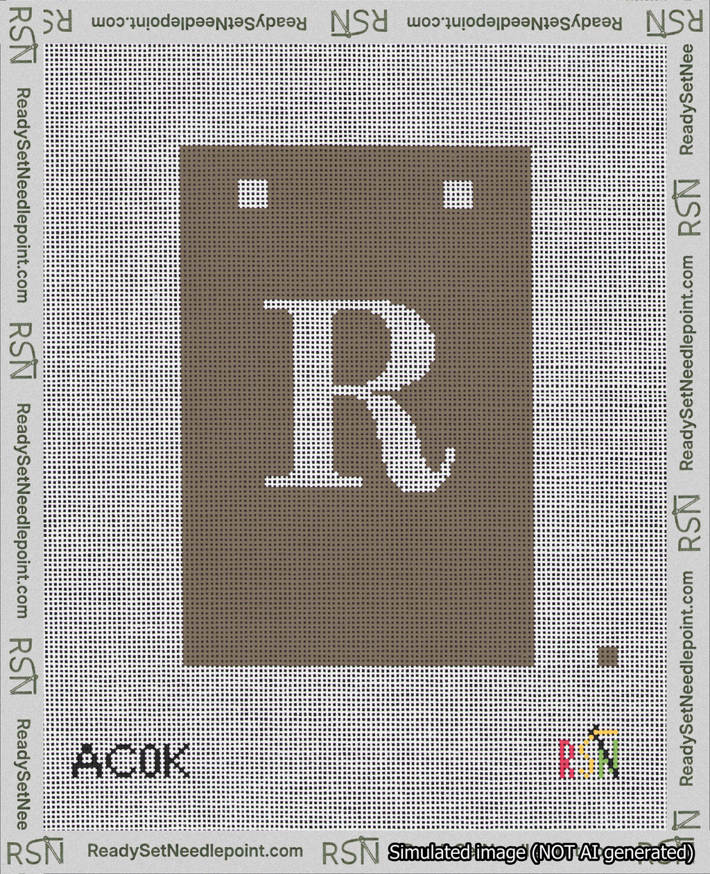 A taped needlepoint canvas with the design: Banner 18 mesh count Squared R White on Brown.